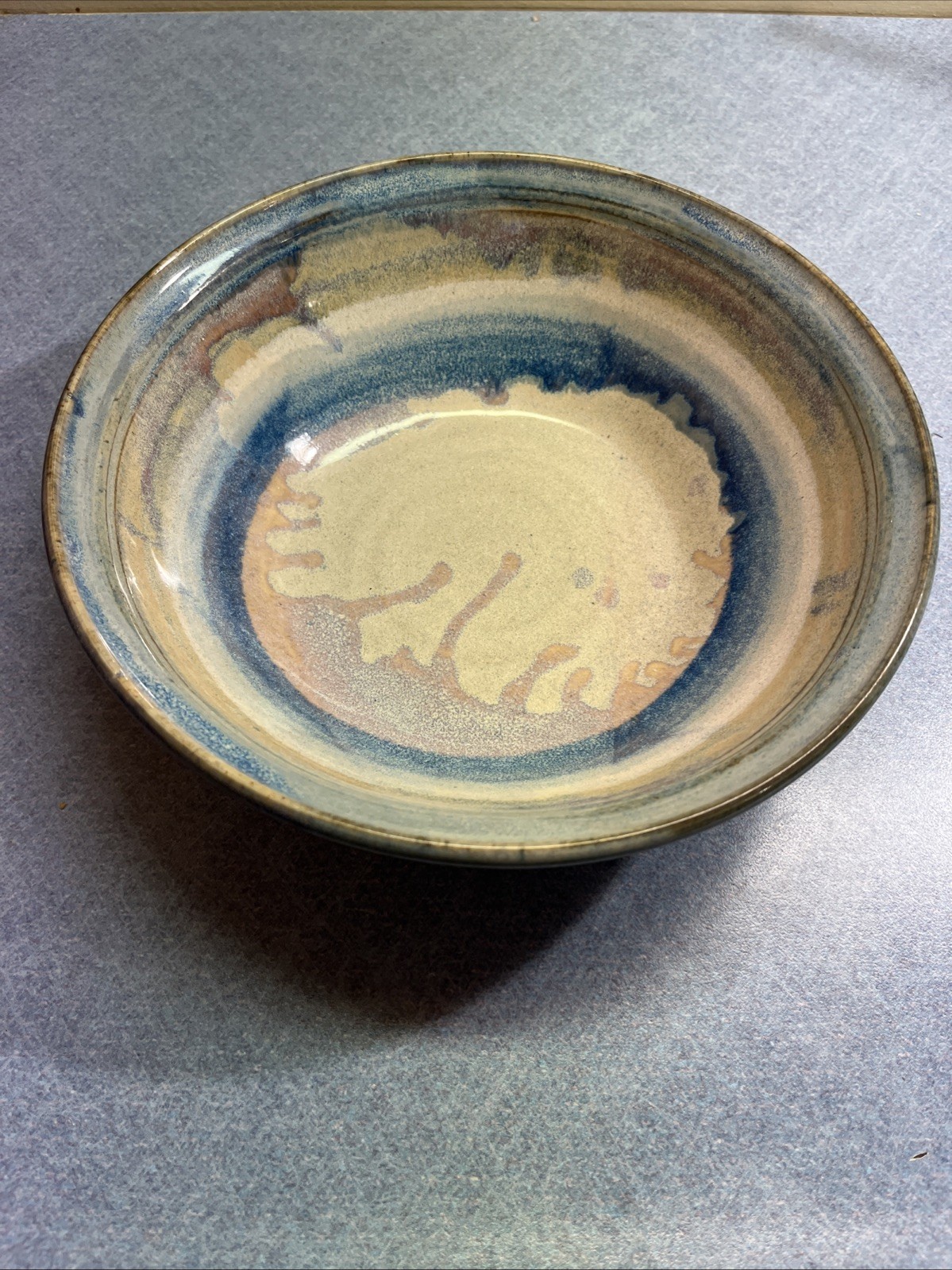Studio Art Pottery Rimmed Bowl Blue Tan, Gray Drip Glaze Signed C(?) Lopez 8″D