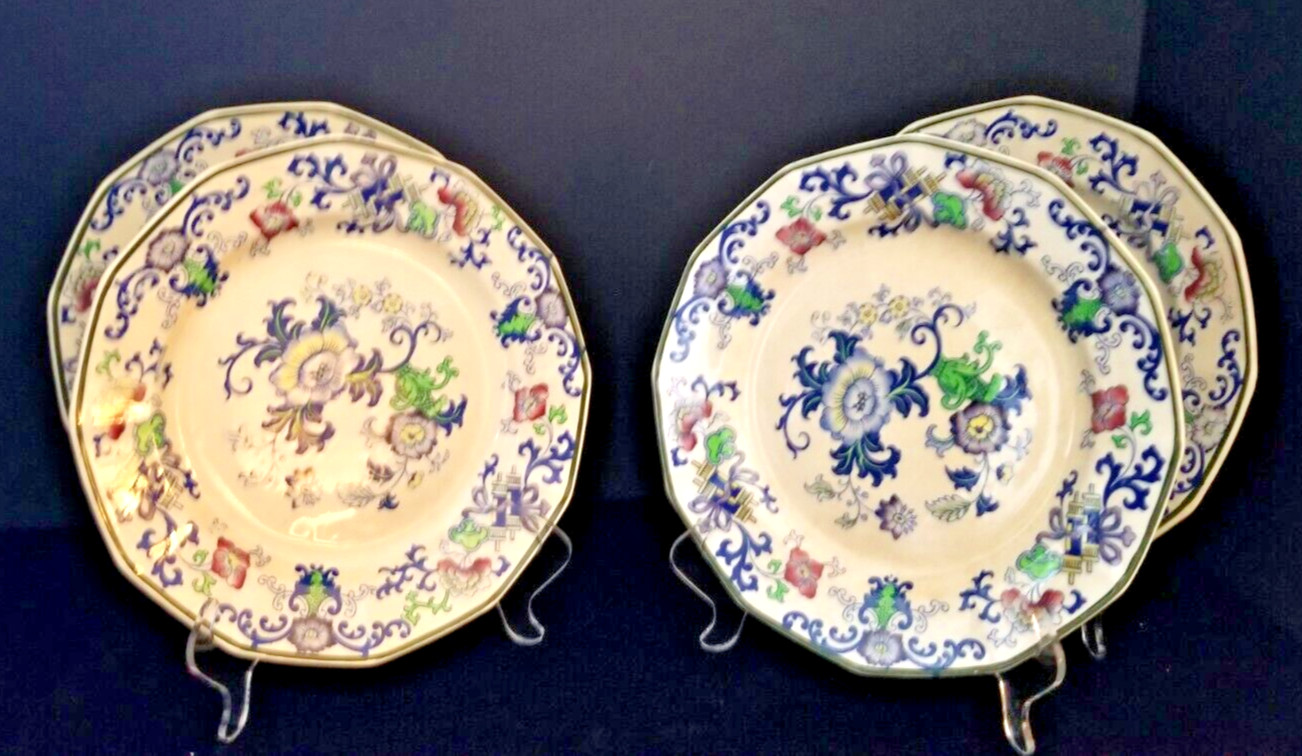 Doulton Burslem Porcelain Plates, Set of 4, Blue & White, 8″. England.