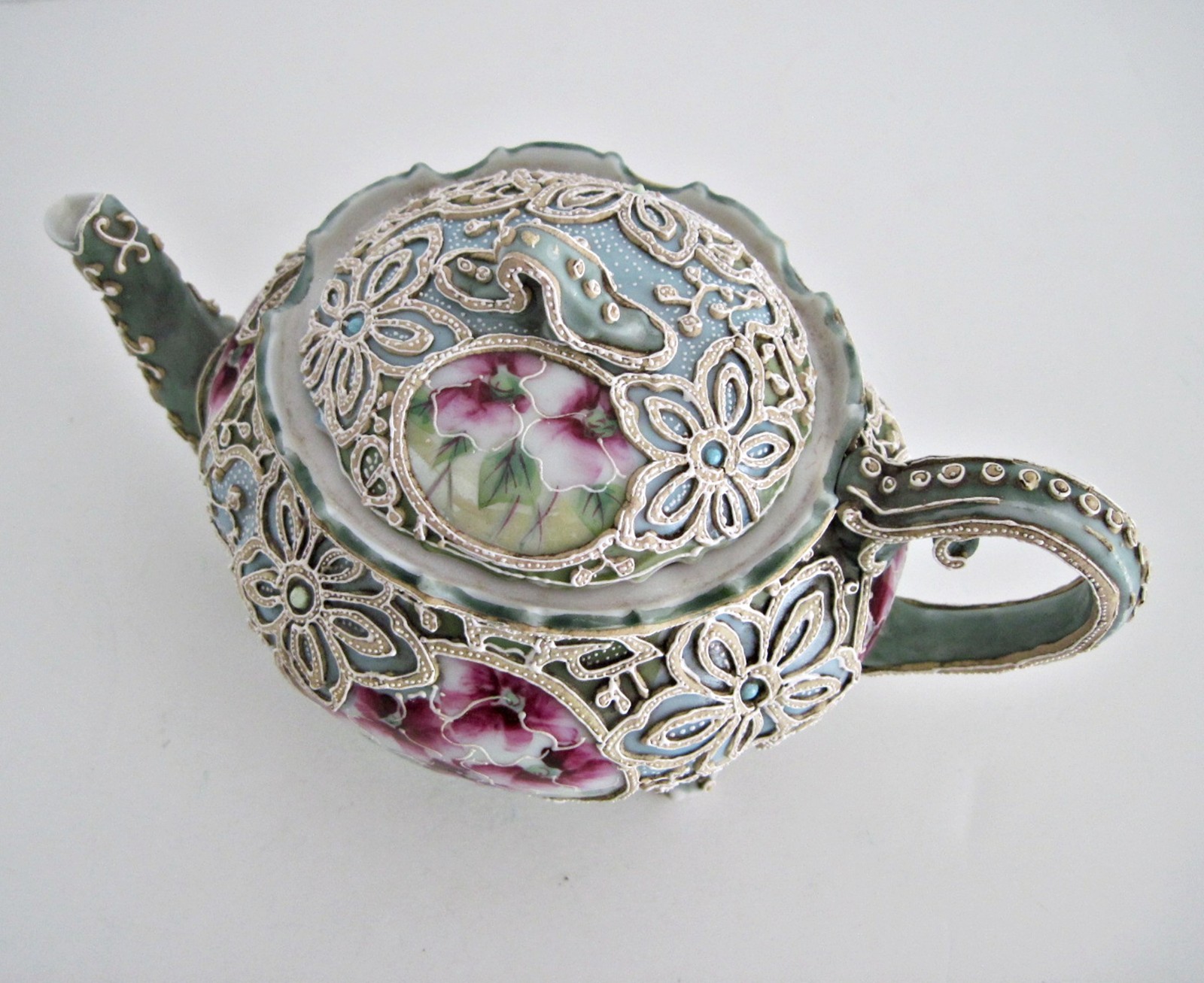 Antique Nippon Moriage Teapot Green Blue With Hand Painted Flowers READ
