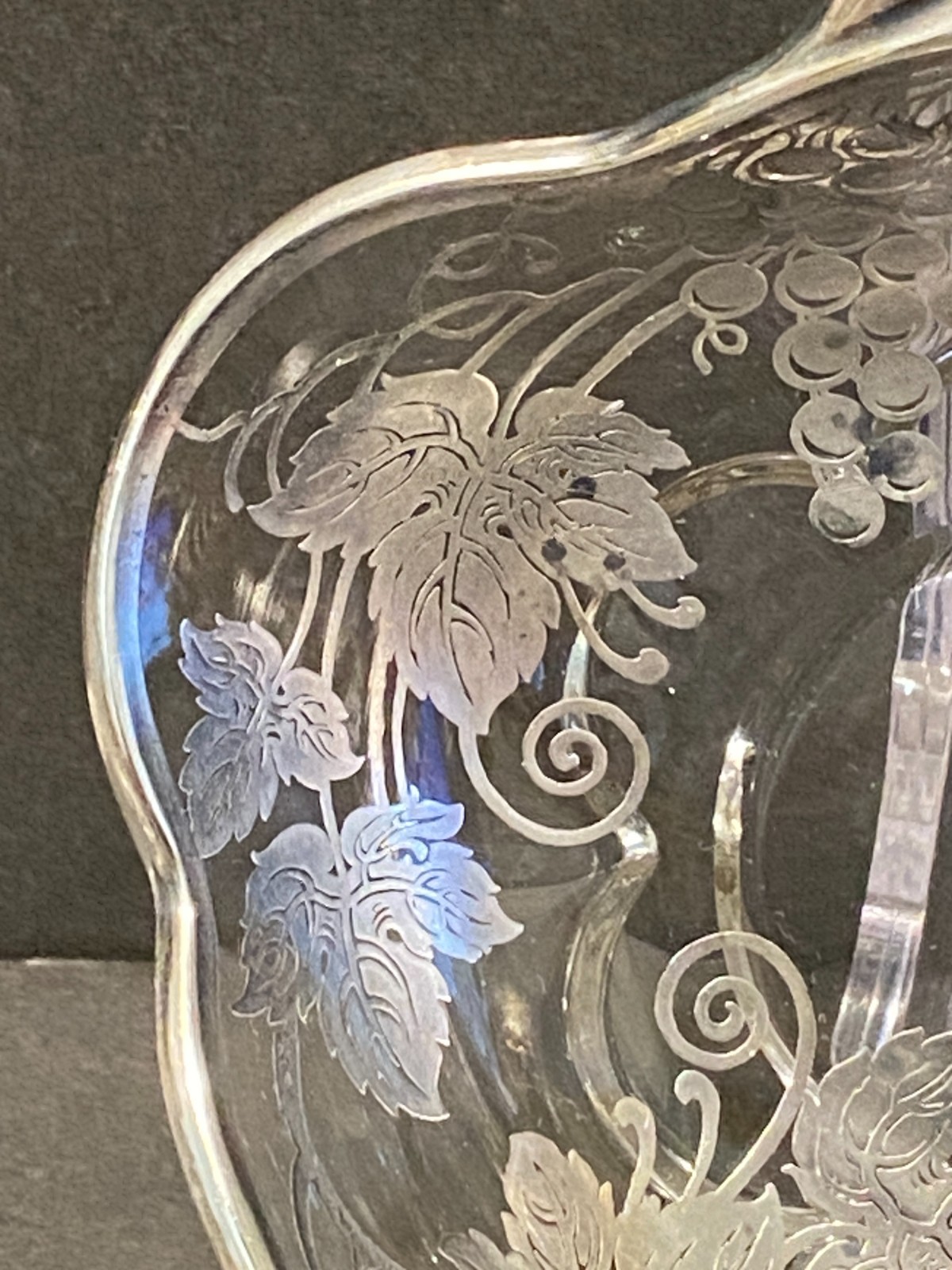 Vintage Silver Overlay Glass Candy Nut Dish Grape Vines Leaves Grapes