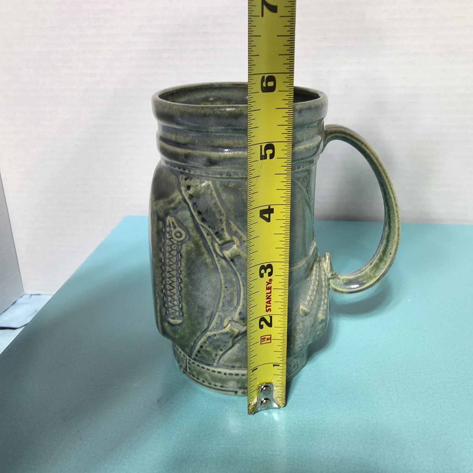 Beta Diseno Hand made pottery studio art mug Golf Bag Spain vtg green glaze