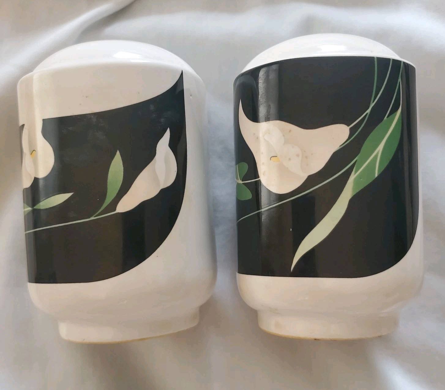 Sango Black Lilies Quadrille Covered Butter Salt Pepper Set 1984-1994 Scarce Lot