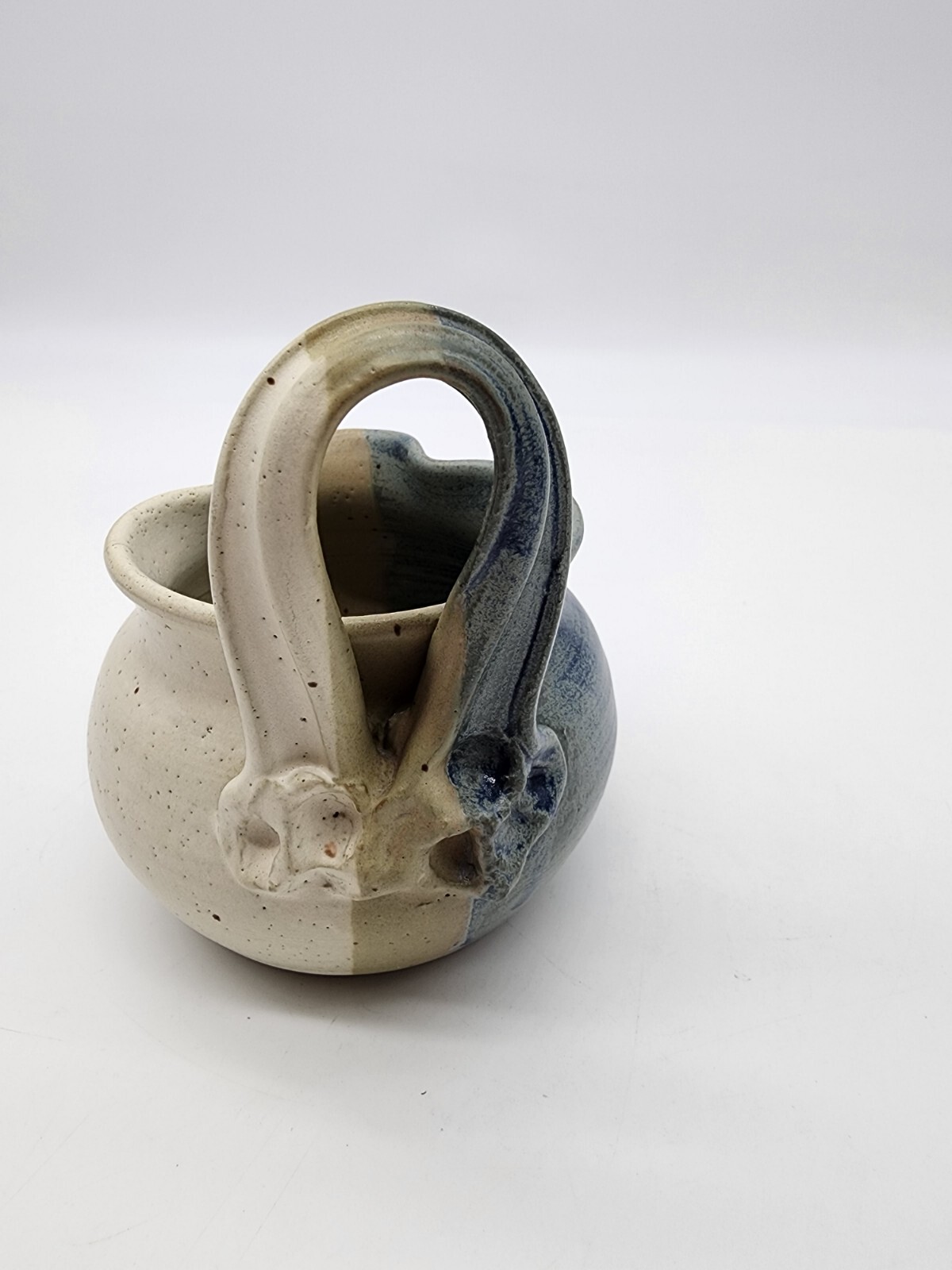 Art Pottery Small Pitcher creamer Signed Blue Tan white unique Shape
