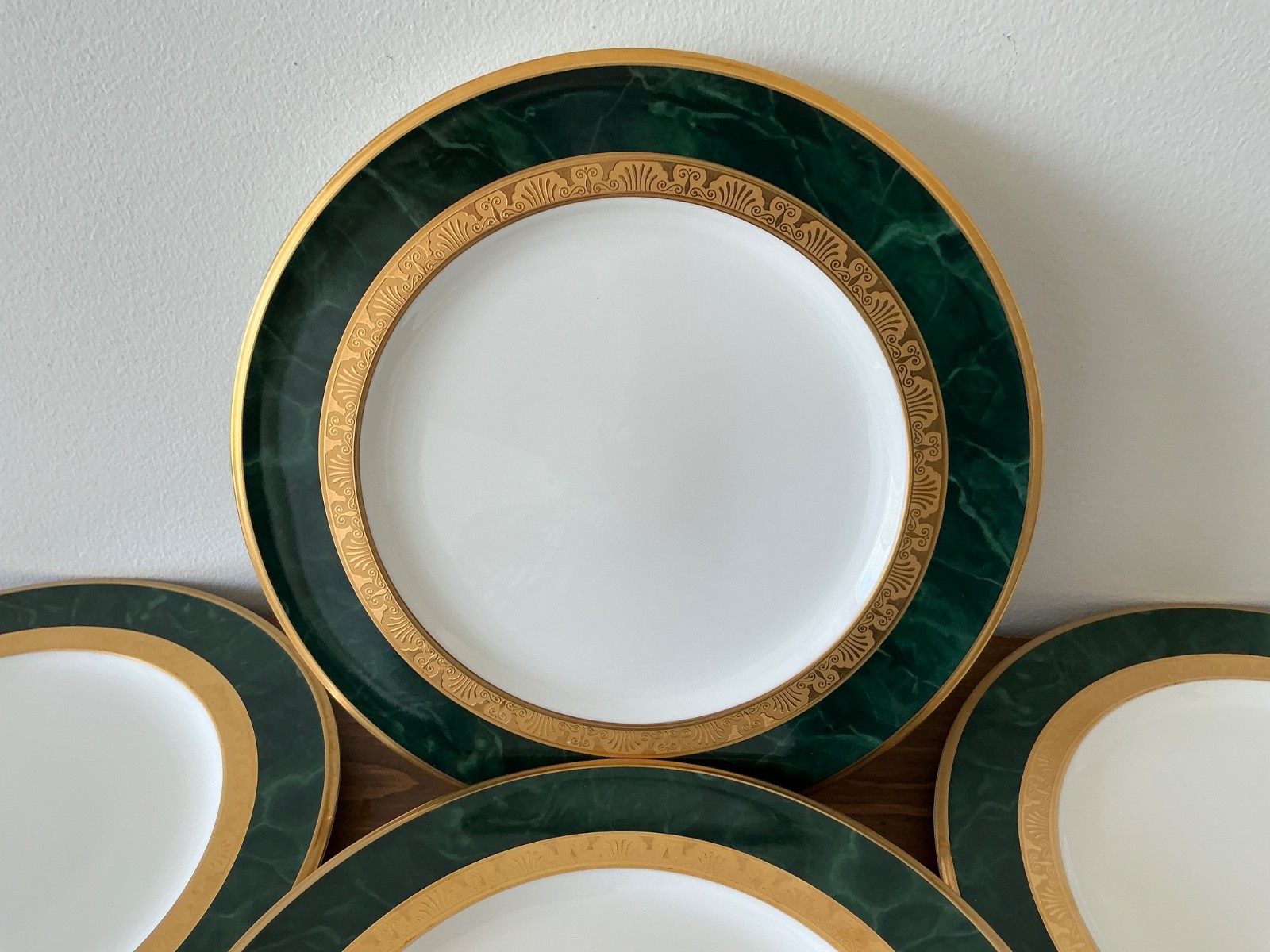 Set/6 NORITAKE Fitzgerald 4712 Salad Plates Green Marble Border Gold Scroll EXC!