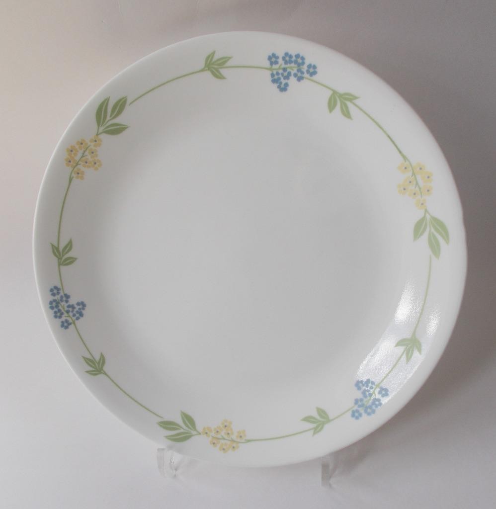 4 Corelle Secret Garden 10 1/4″ Dinner Plates by Corning Blue & Yellow Flowers
