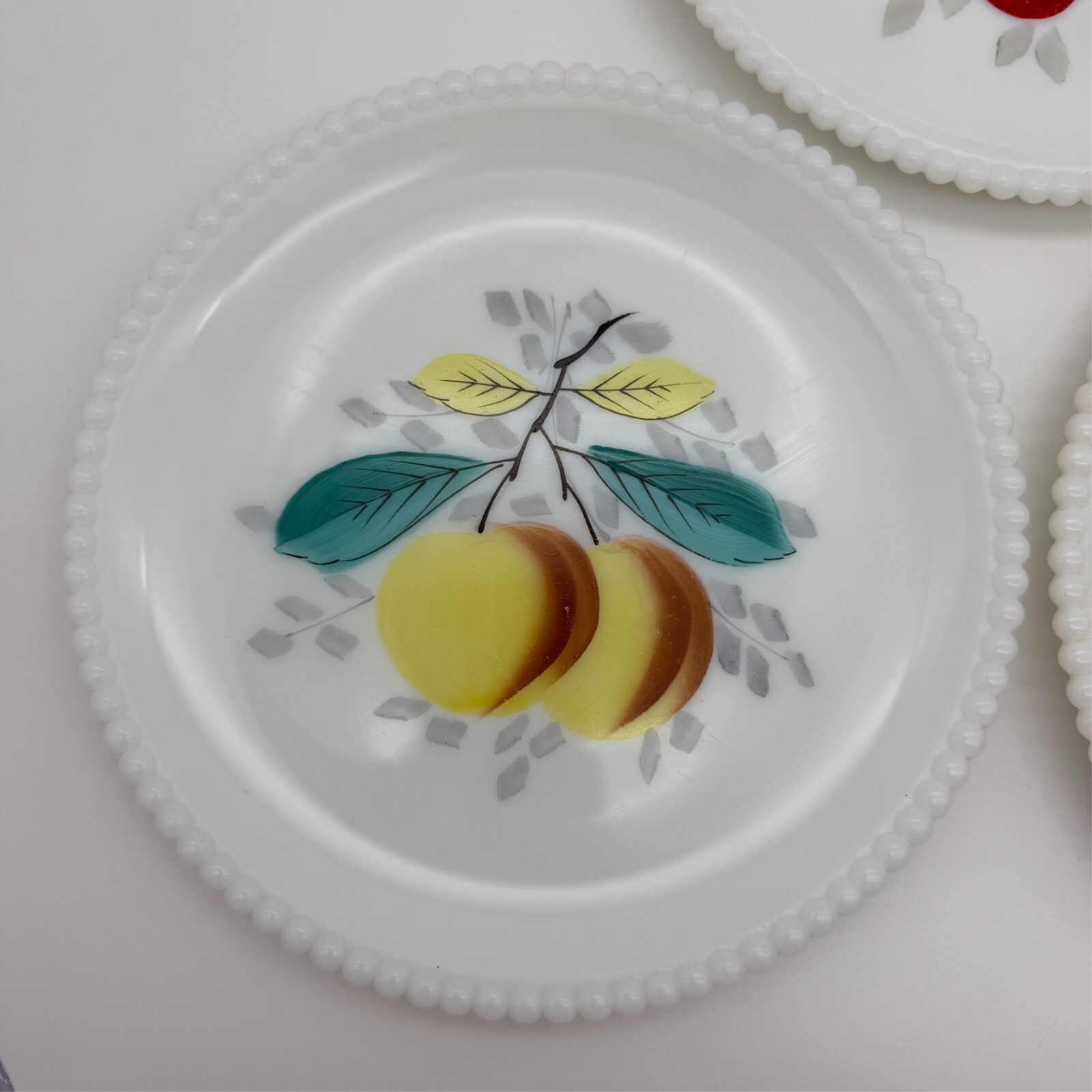 Set of 3 Westmoreland Milk Glass Fruit Plates 7.5″ Beaded Edge Vintage MCM