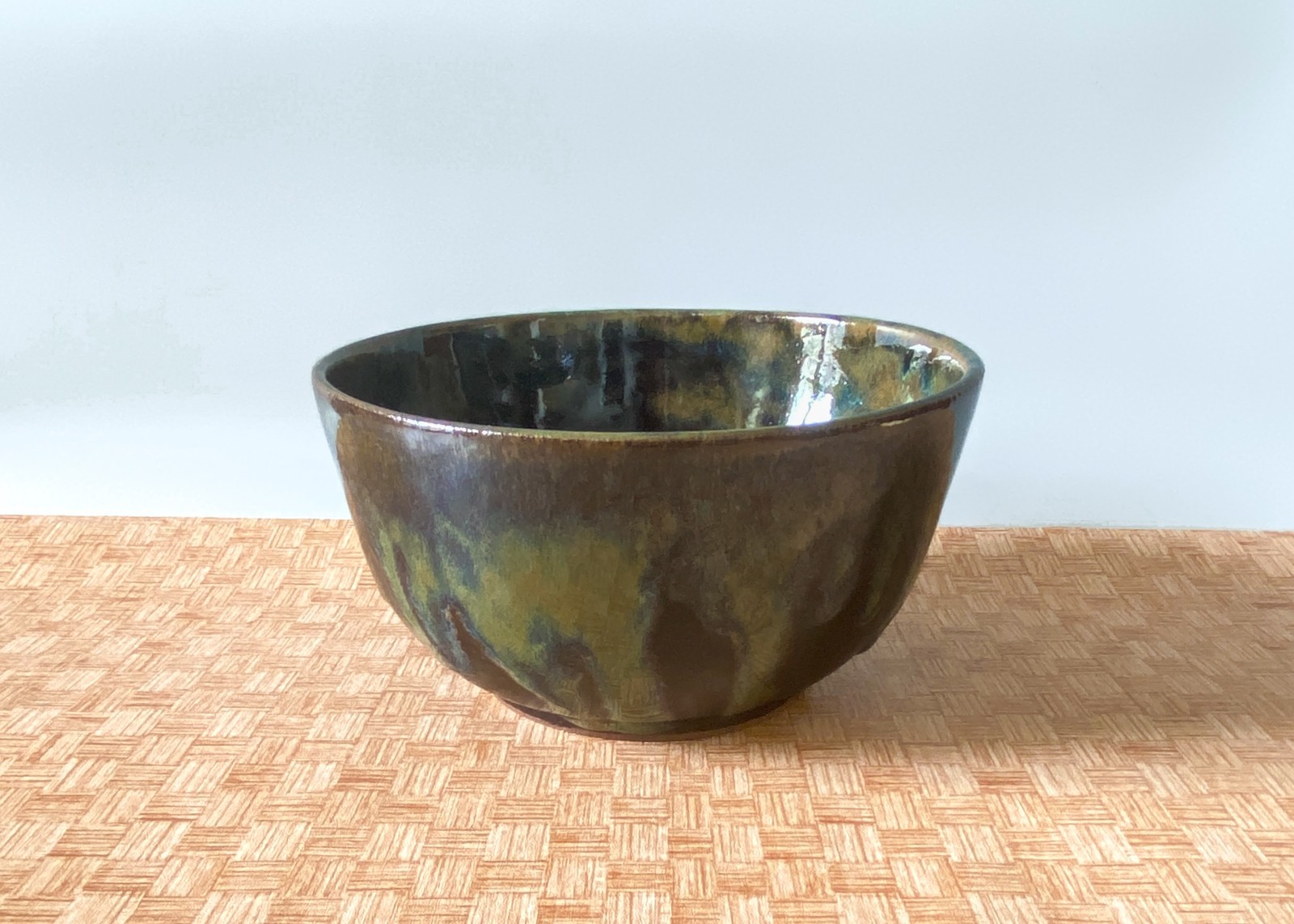 Wheel Thrown Cereal/Ramen/ Soup Bowl. Brown Green Hand-Made Pottery Bowl.