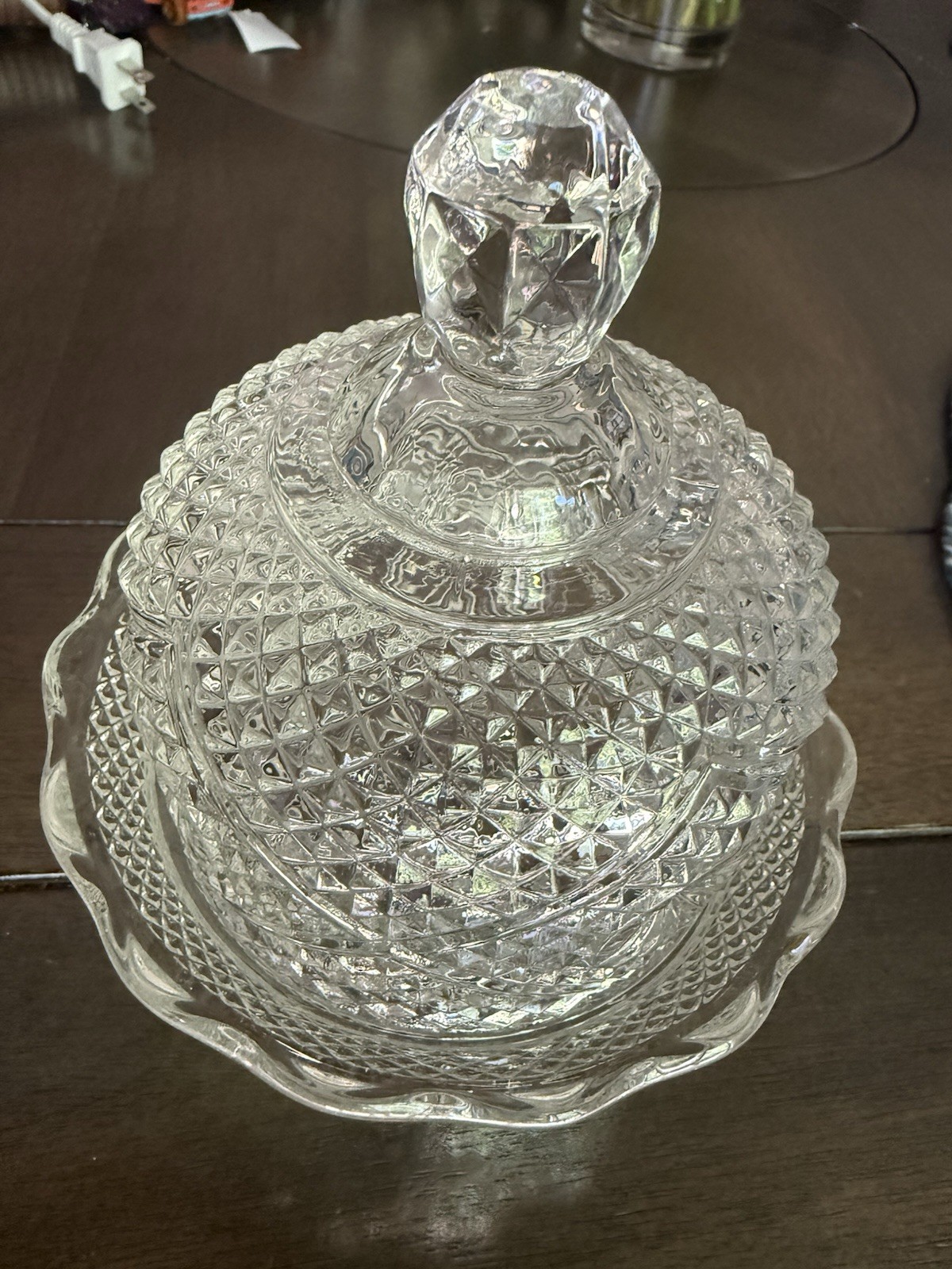 Vintage Pressed Glass Covered Candy Dish Dresser Jar With Underplate