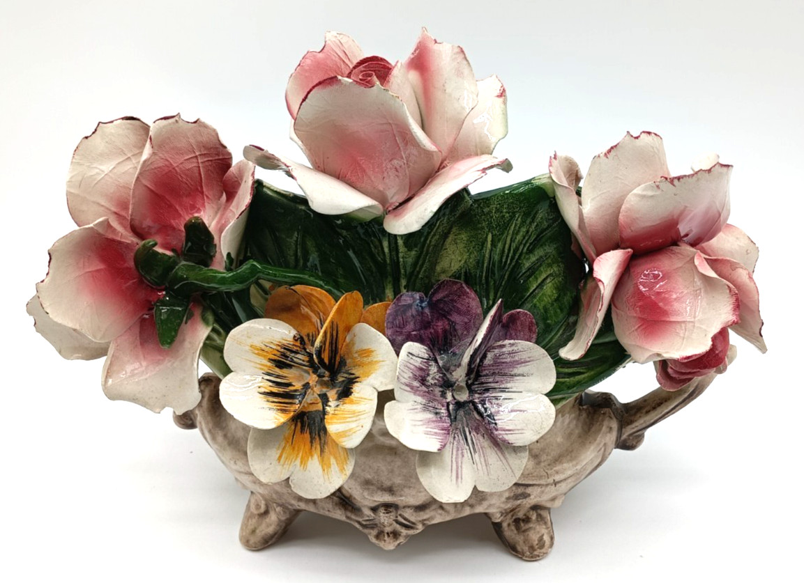 Vtg Capodimonte Centerpiece Floral Ceramic Flowers Basket Art Italy Glazed