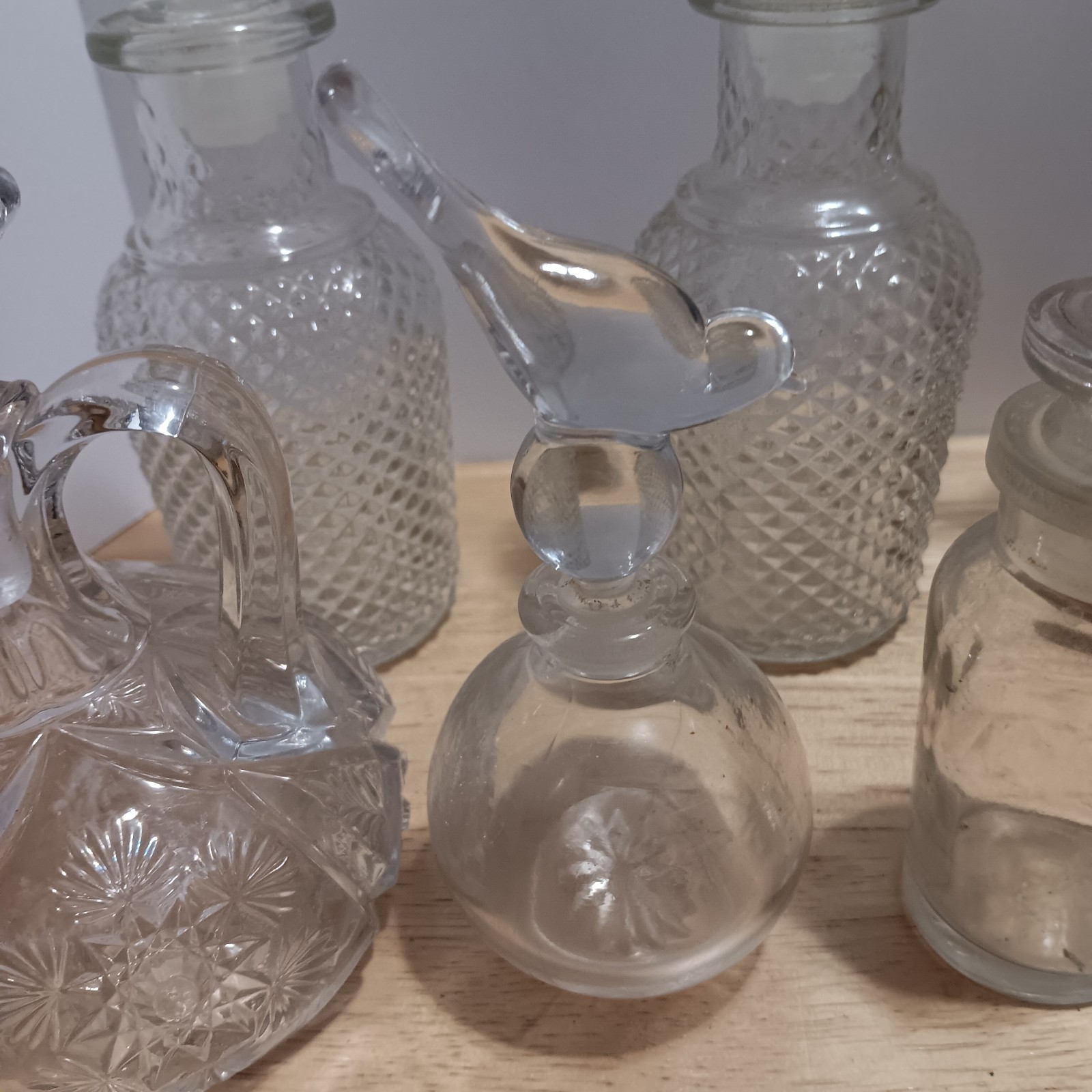 Lot of 9 Vintage Antique Glass Cruets & Decanters with Stoppers Mixed Patterns