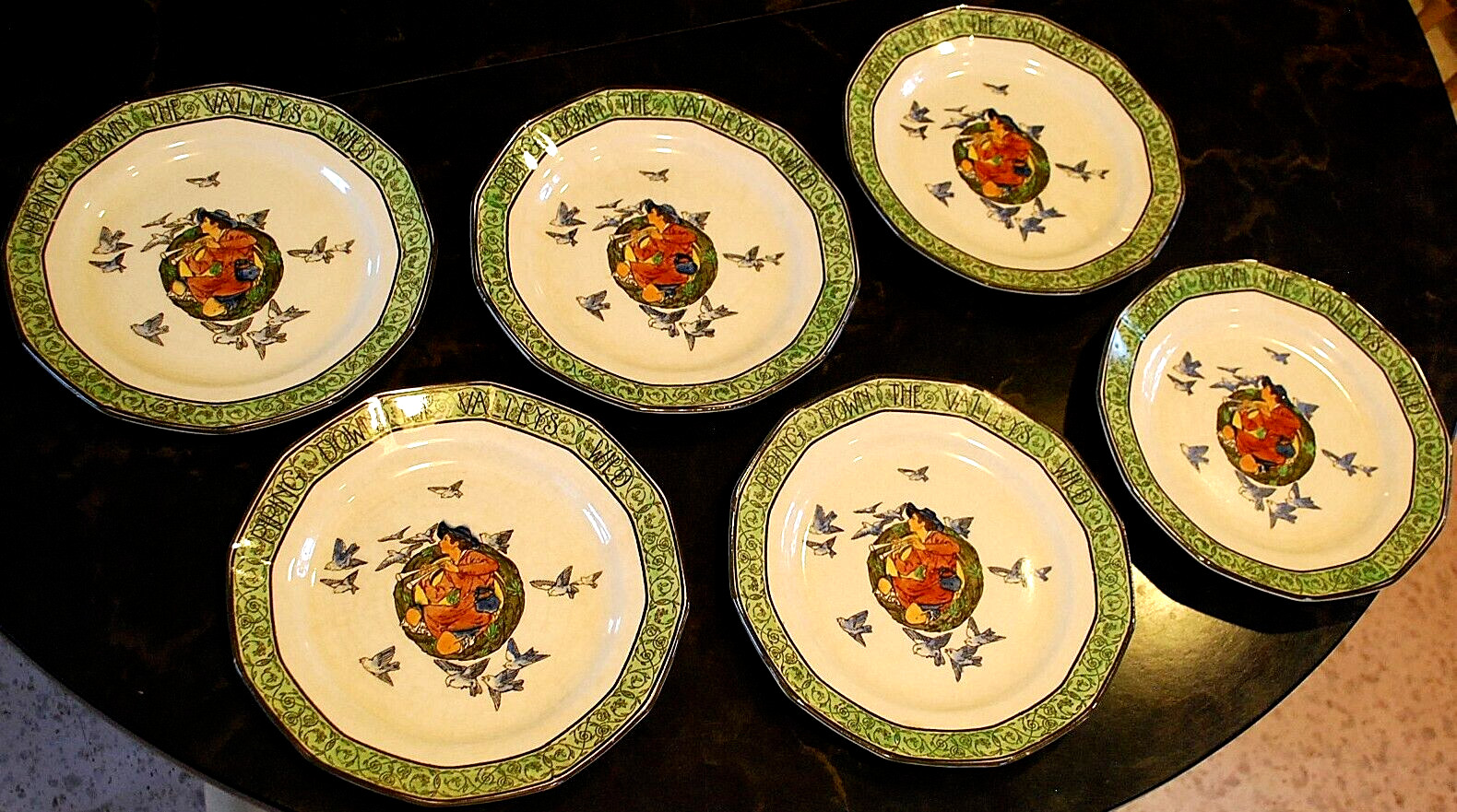 RARE Antique Set 6 Royal Doulton PIPING DOWN THE VALLEYS WILD Plates c1911 8.5″