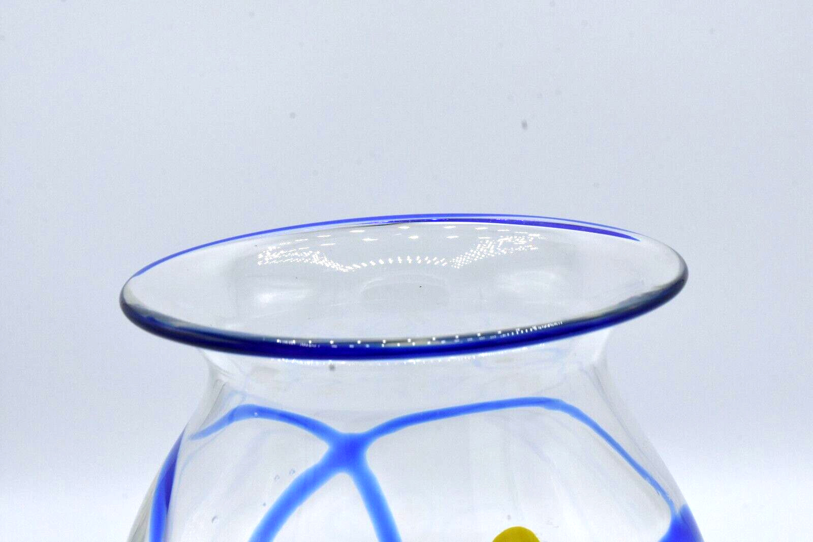 Hand Blown Art Glass Vase Clear with Cobalt Blue Swirls Yellow Spots Mexico?
