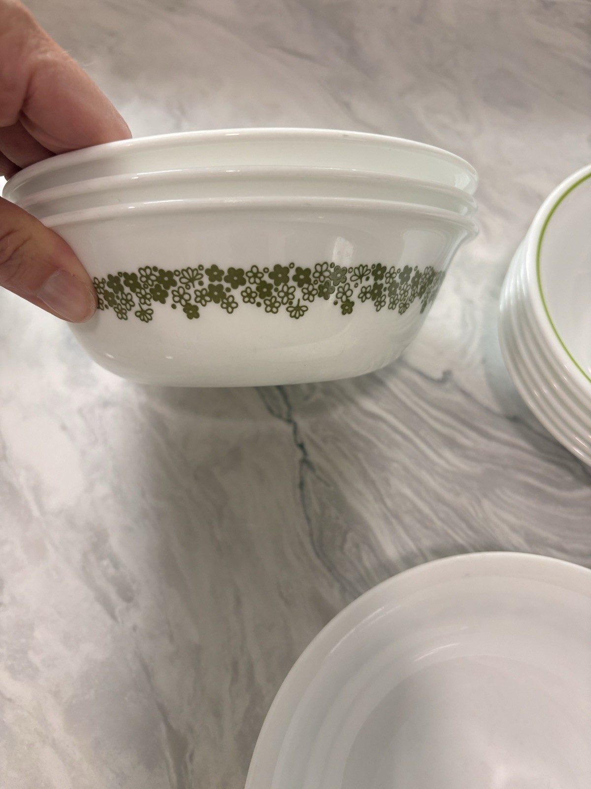 Mixed Lot Of Retro Corelle Bowls Large And Small Green, Blue And Plain 10 Total