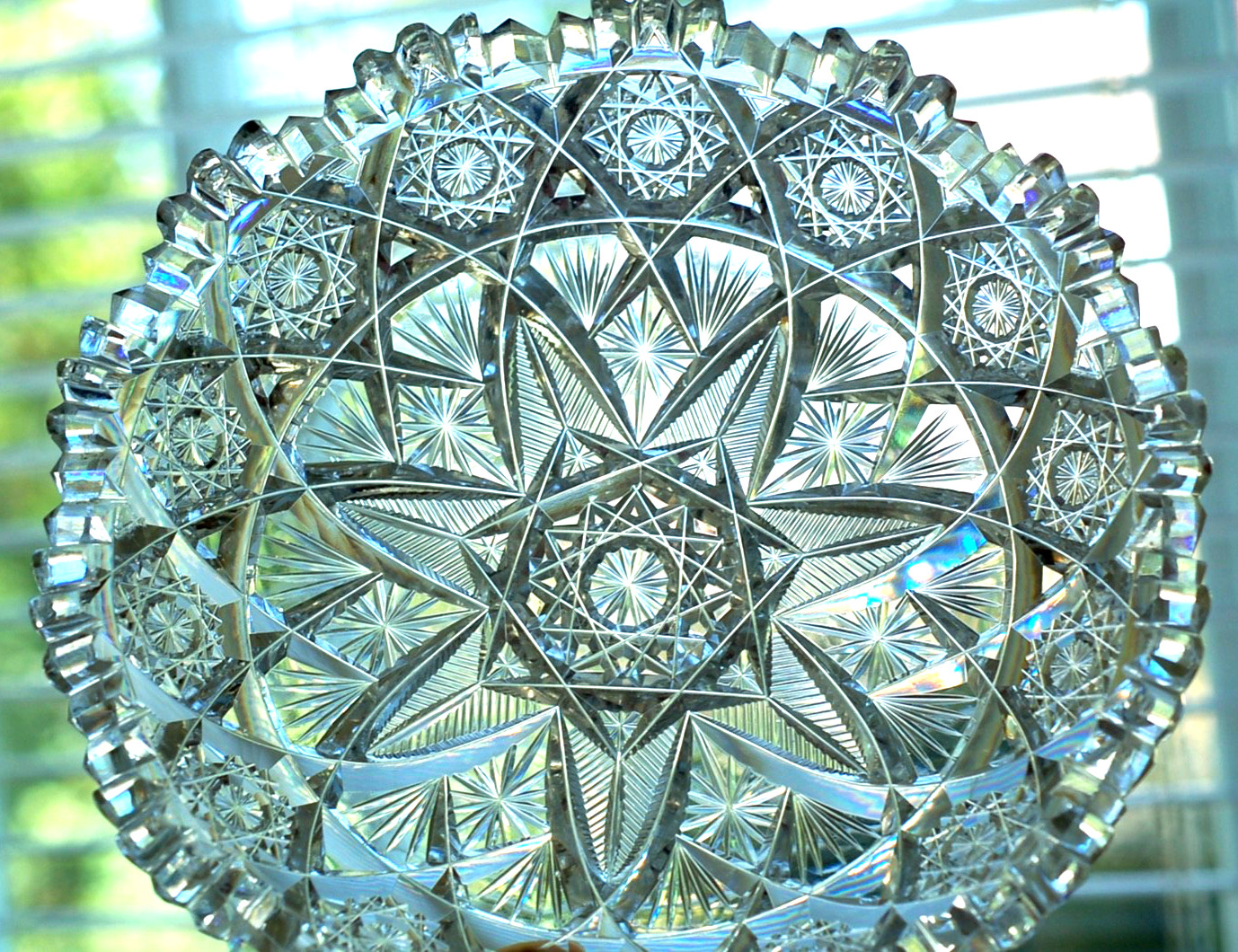 American Brilliant Cut Glass Bowl 7” Hobstar Fan Sawtooth Bowl Dish 1.5″ high