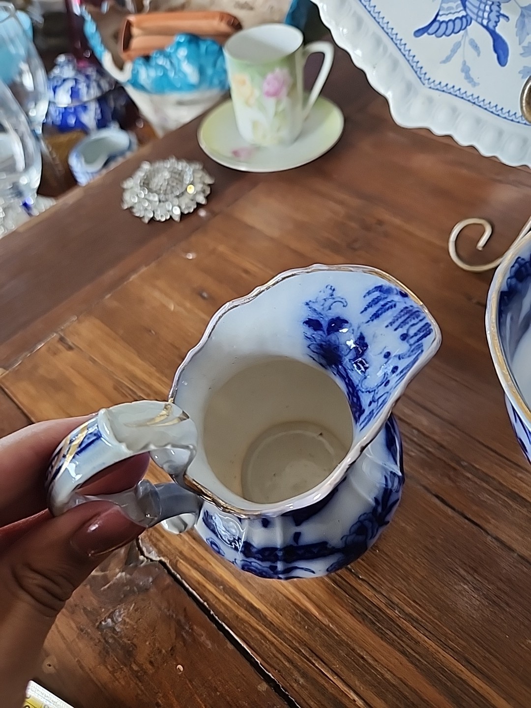 Rare Flow Blue Sugar Creamer And Bowl Trio Set Asian Motif Gold Band