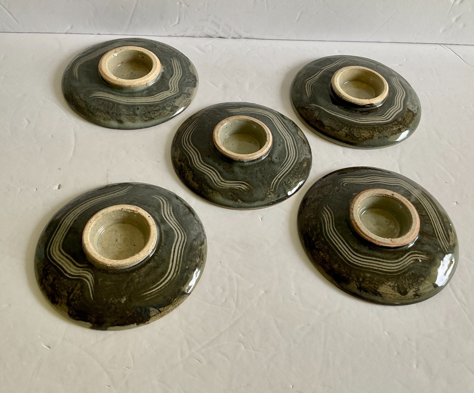 Vtg Somayaki Soma Ware Double Wall Bread Plates 5 1/2″D Green Crackle Set of 5