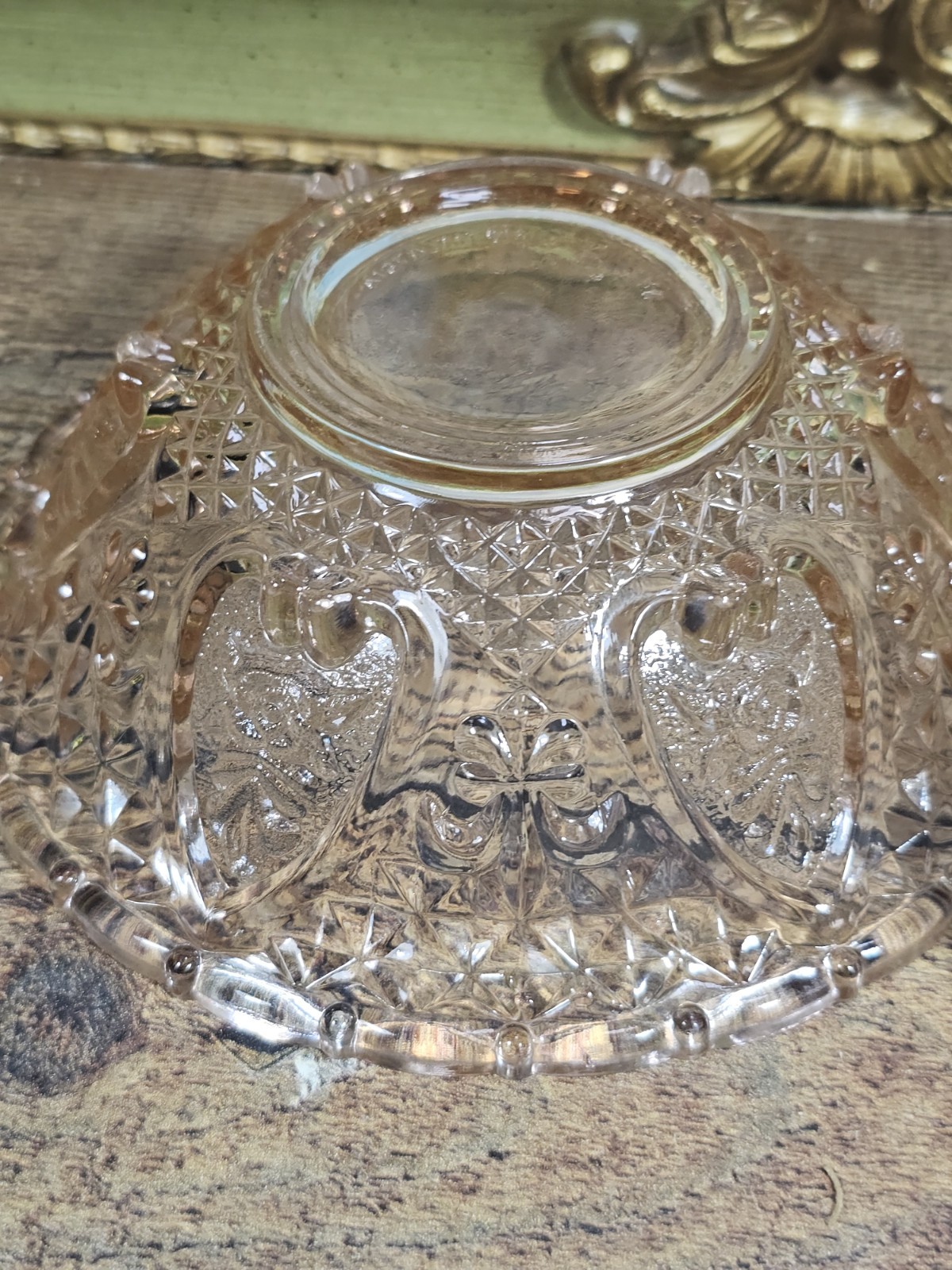Vtg KIG Malaysia Pink Depression Glass Footed Candy Dish Heart & Rose Pattern