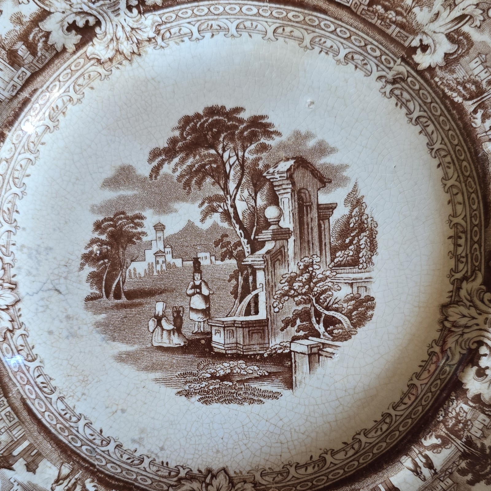 Antique Old Hall 1860s England Brown Transferware Plate – Rare Victorian ITALY