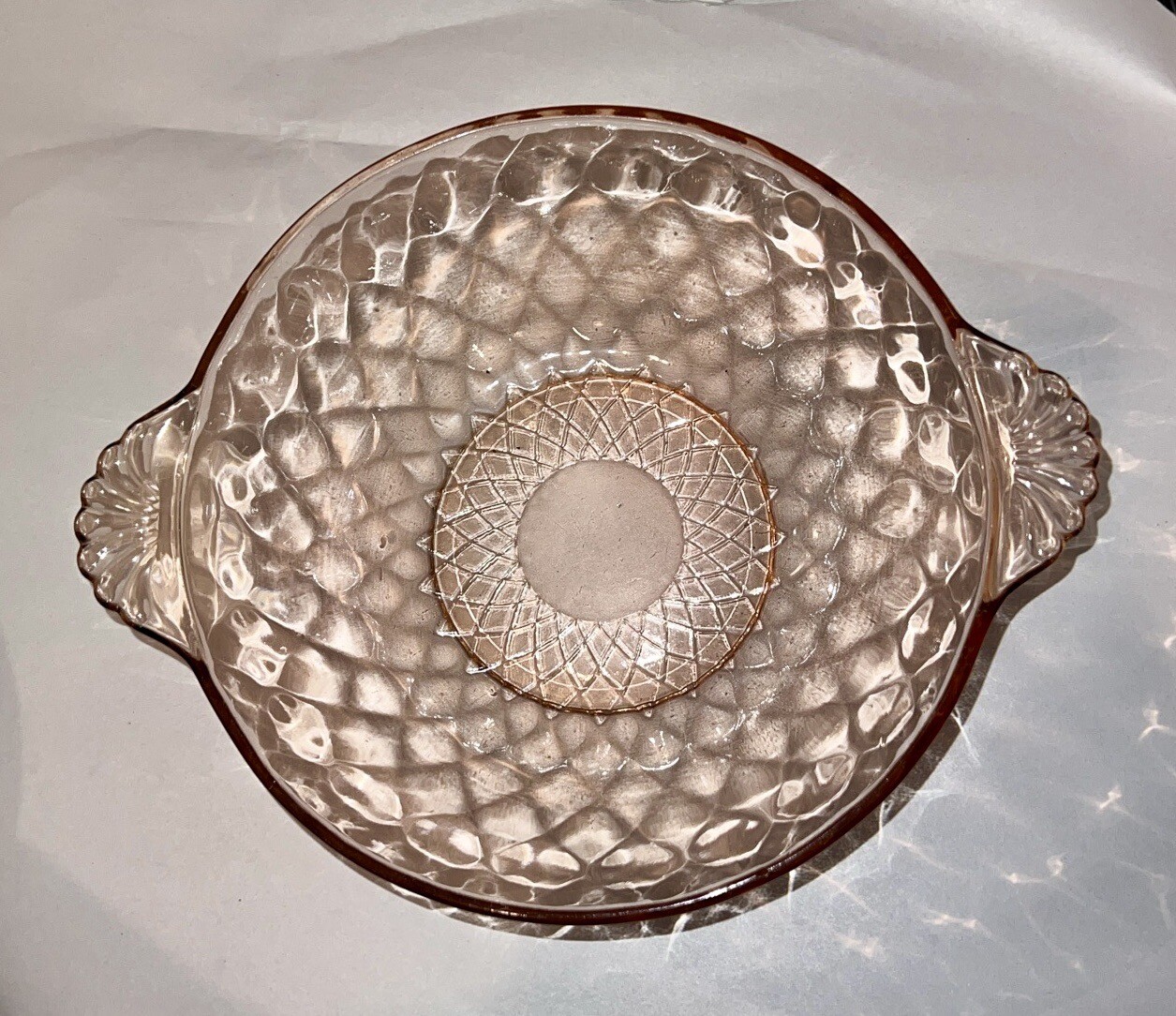 Pink Depression Glass Serving Bowl 9″ Handle To Handle