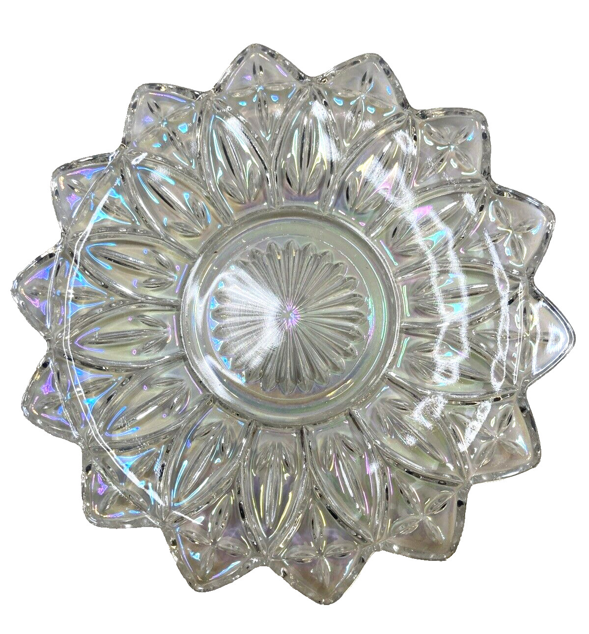 Vtg 1960s Star Flower Petal Federal Clear Iridescent Carnival Glass Plate 9.25″