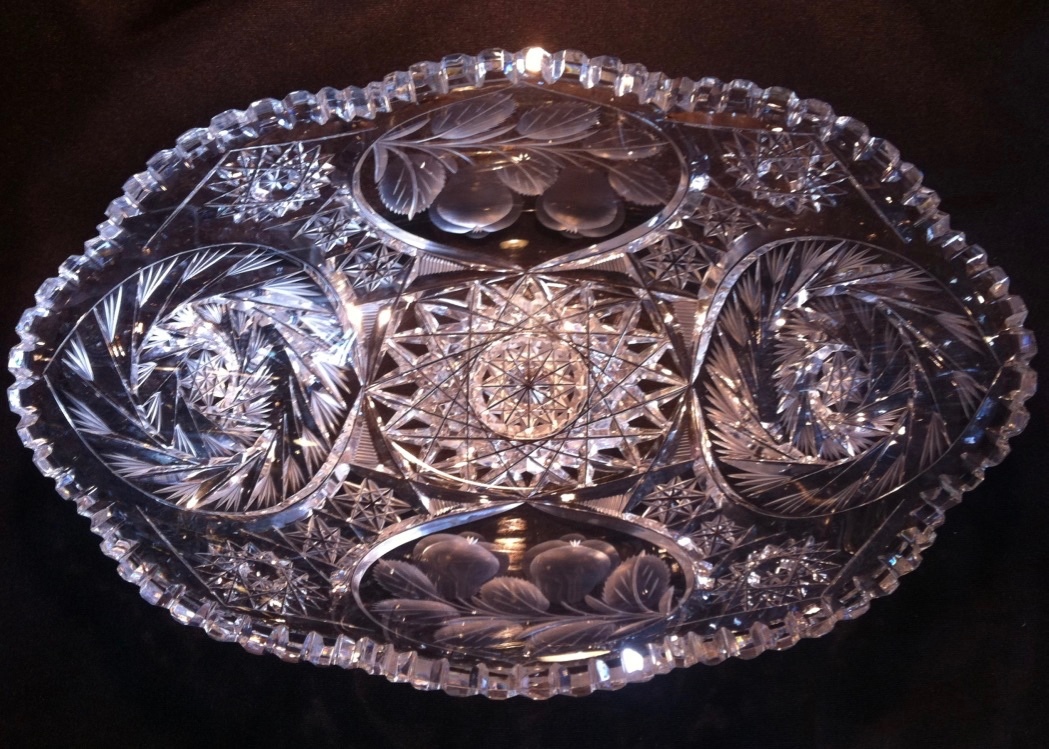 Cut Glass Bowl Intaglio: 11 5/8″ L x 7 1/2 W x 4 1/2″ H