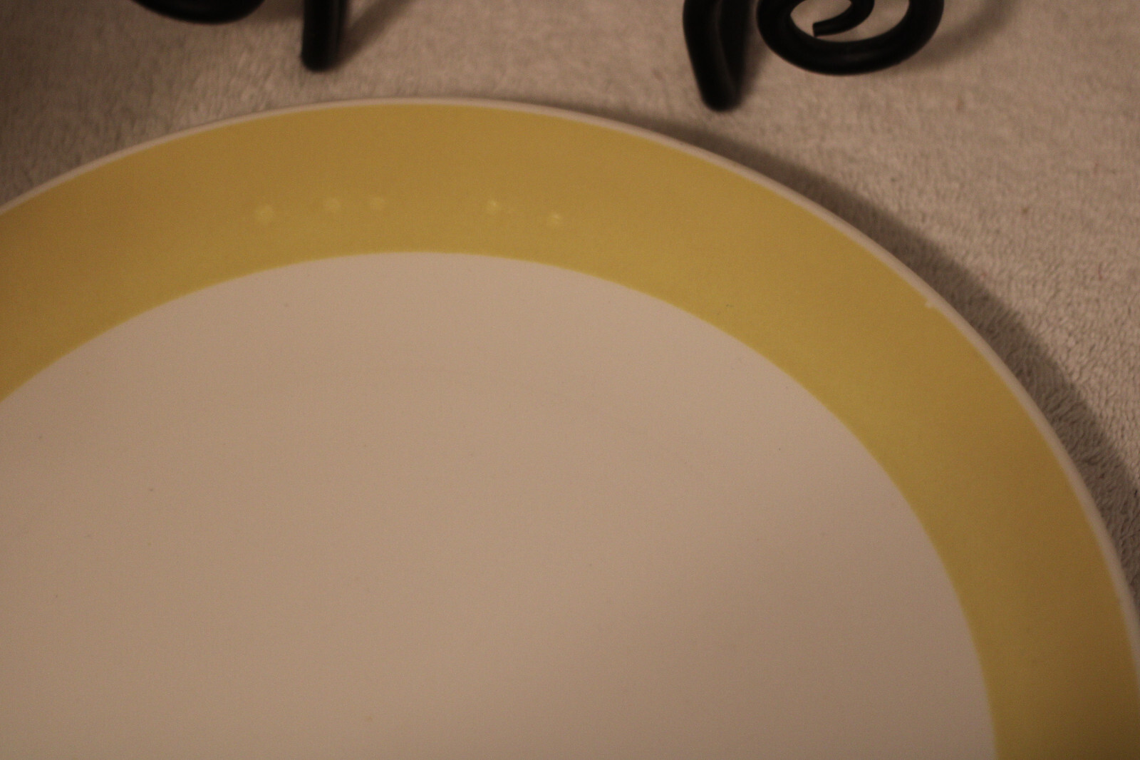Round Yellow Rim , White, Ceramic Platter, 12 1/4 “, Made in USA, Pre Owned
