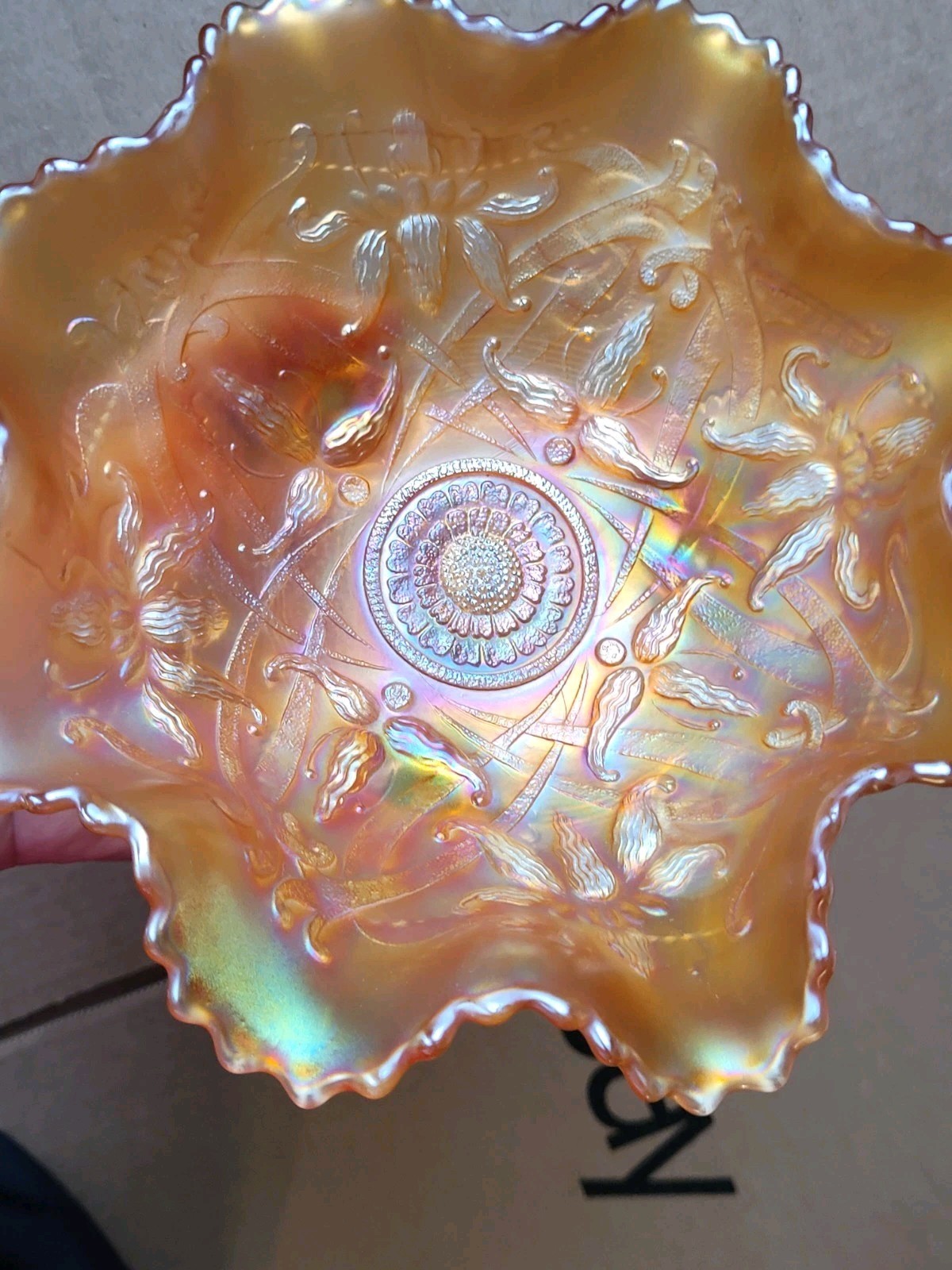 Pretty Marigold Northwood Carnival Glass Wishbone Bowl Ruffles n Rings EX.