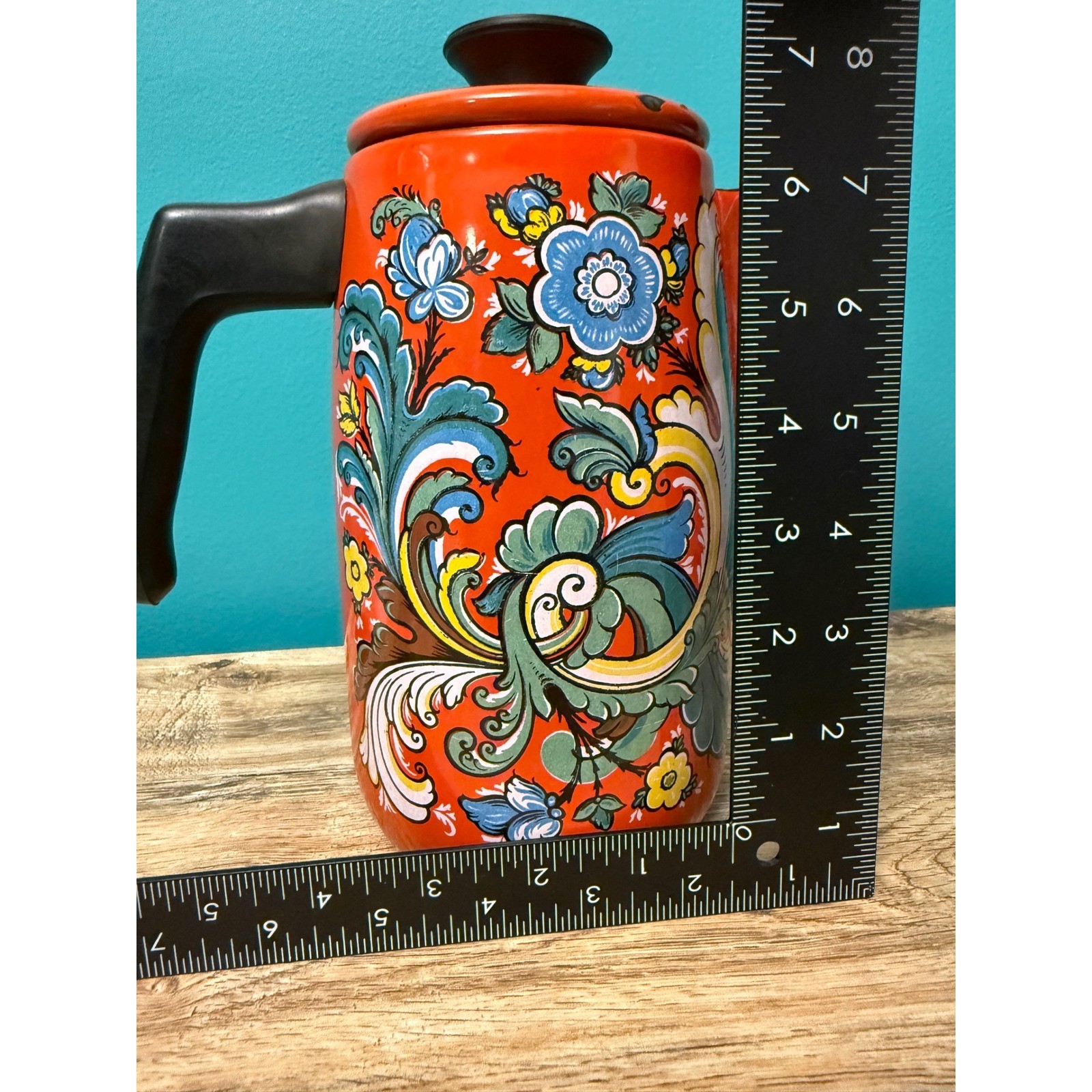Scandinavian Vintage Coffee Pot Orange Floral Enamelware Retro Boho MCM Carafe