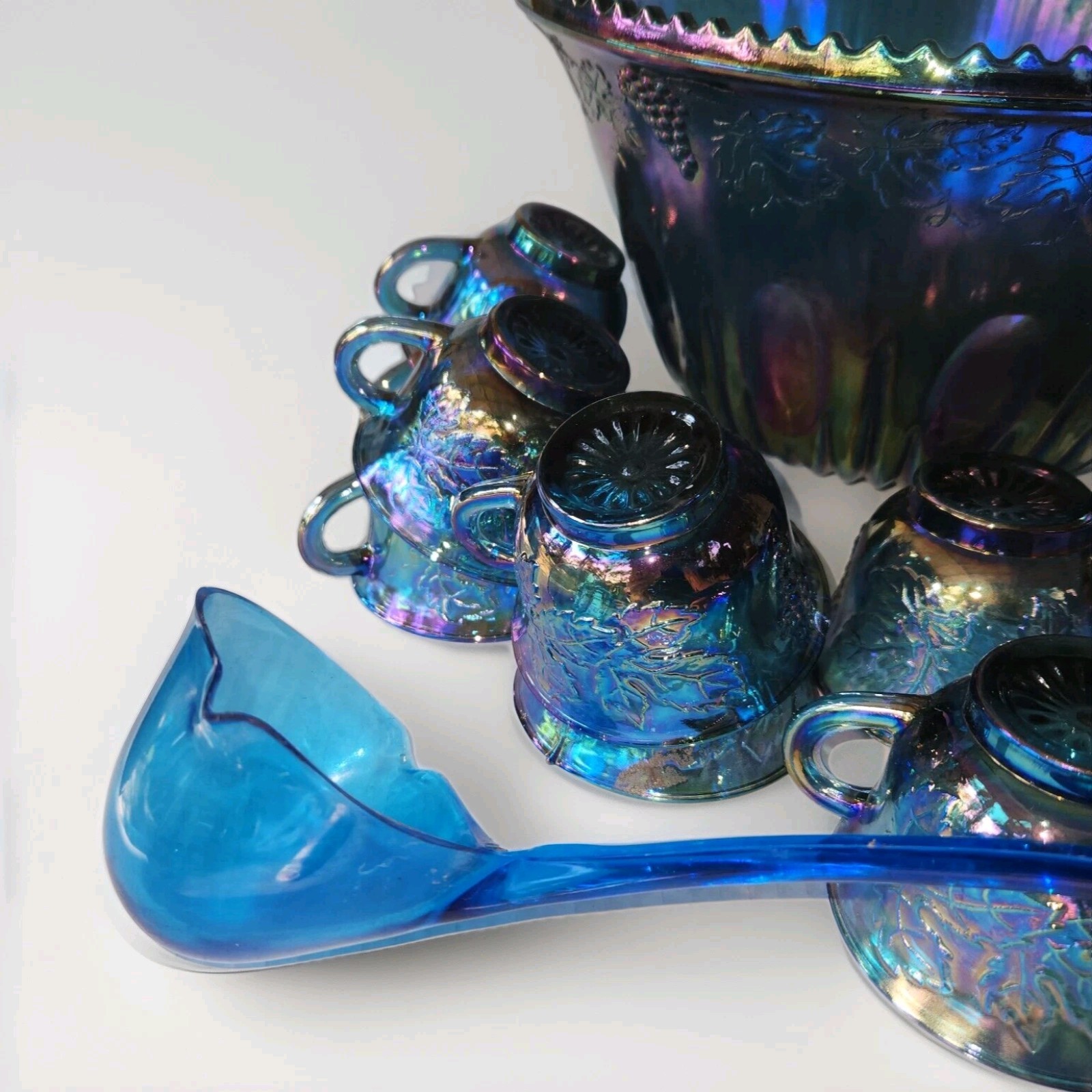 Vintage Indiana Glass Grape Harvest Punch Bowl Set Princess Blue Iridescent 14pc