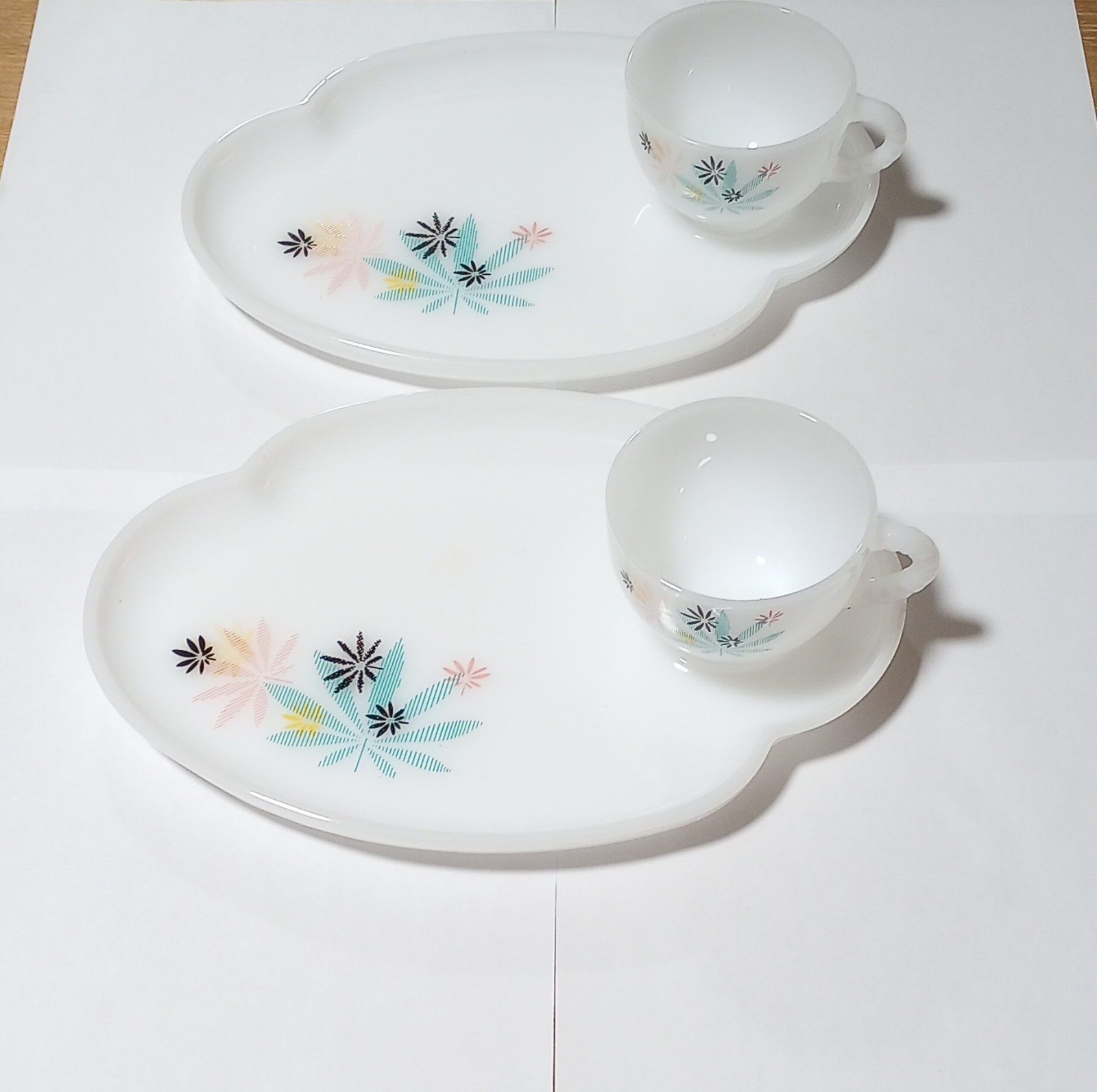 Floral Glass Cup & Saucer Set, White Multi-Color, Four-Piece, Glossy Finish