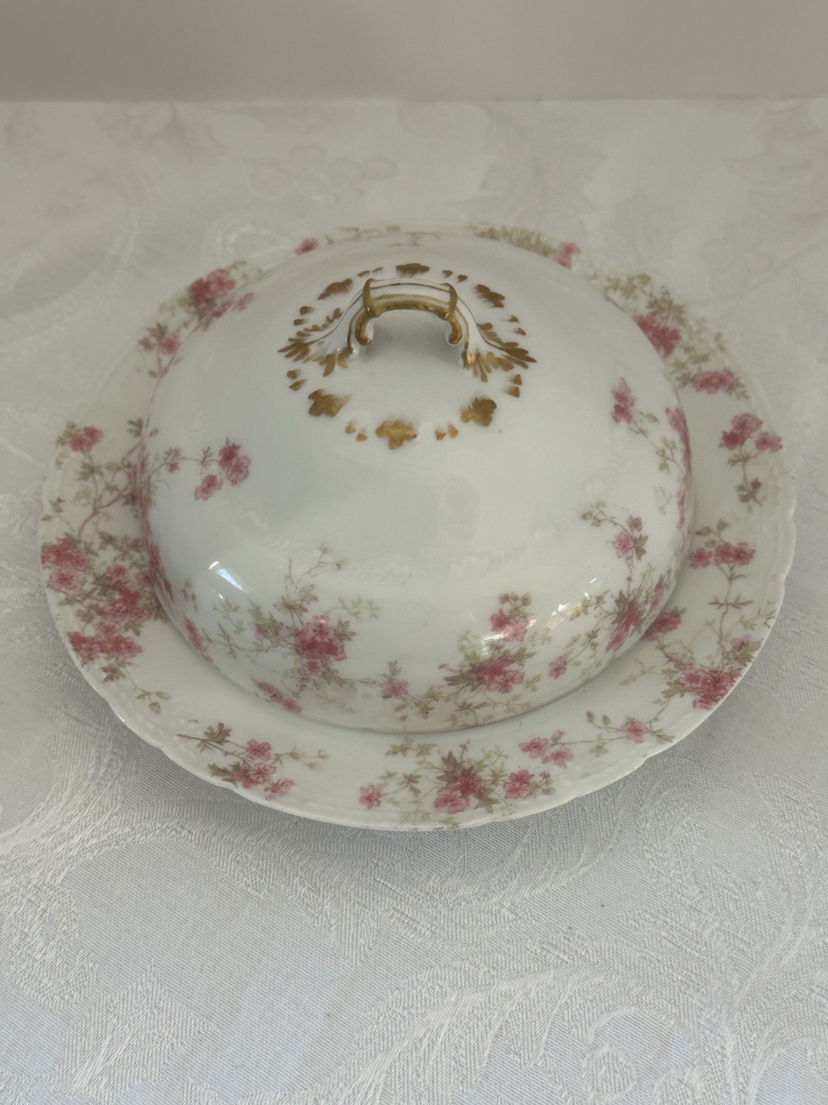 Charles Field Haviland Limoges Embossed Covered Butter Dish W/Pink Floral Sprays