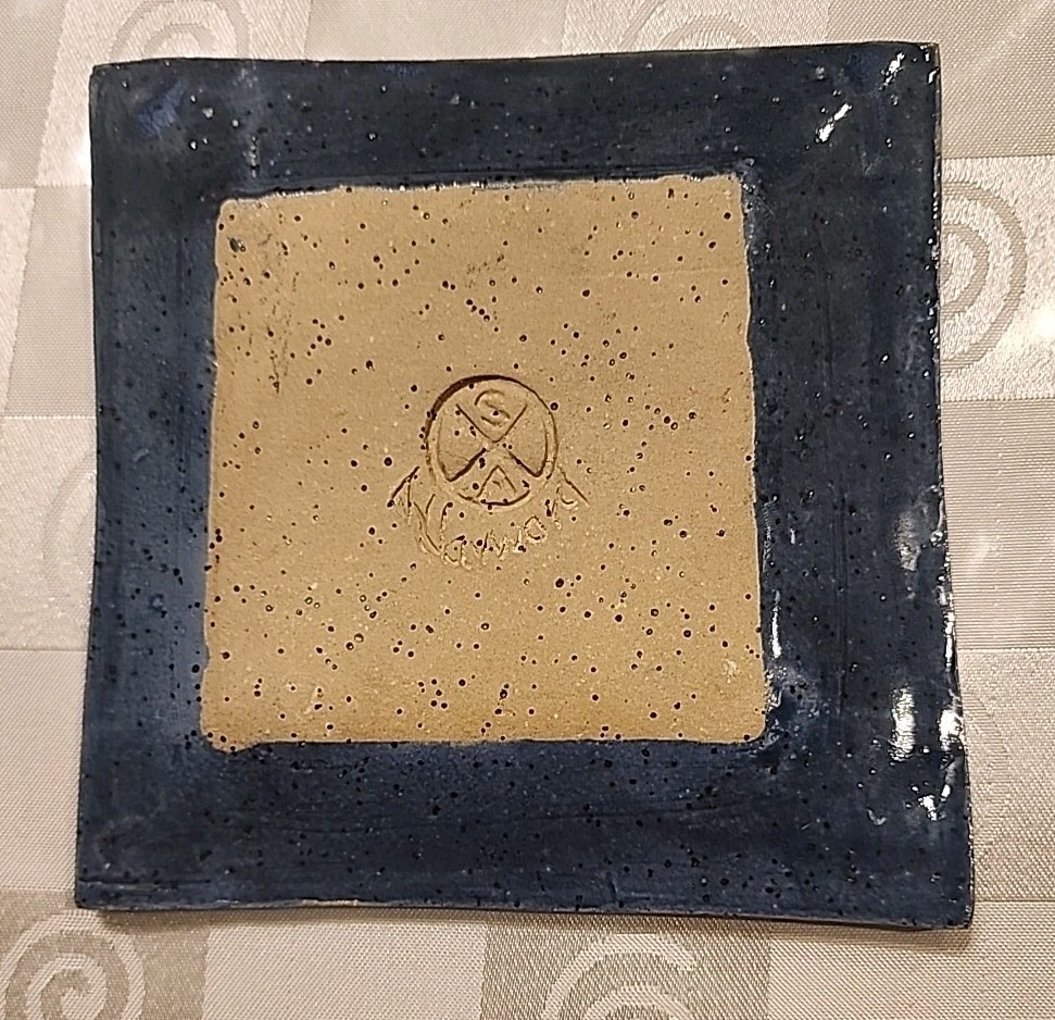 2 Studio Pottery Square Plates Hand Thrown Blue Tan Clay Stamped/Signed 9”, 5.6″