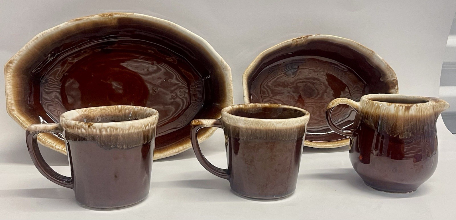 Vintage MCM Brown Drip Glaze Pottery Set Mugs Bowls Creamer USA Oven Proof
