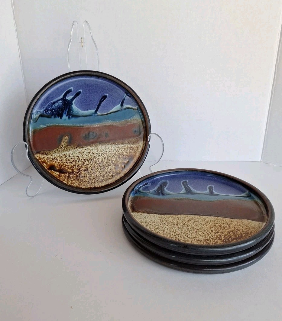 Doug Adams “The Wave” Salad Plates 8.25″ Signed Studio Art Pottery Set Of 4