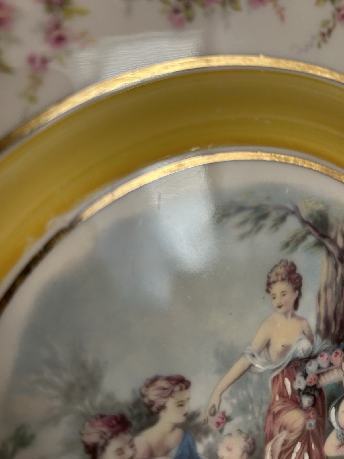 Porcelain Decorative Plate Floral Border Yellow Rim Cherubs & Women Scene