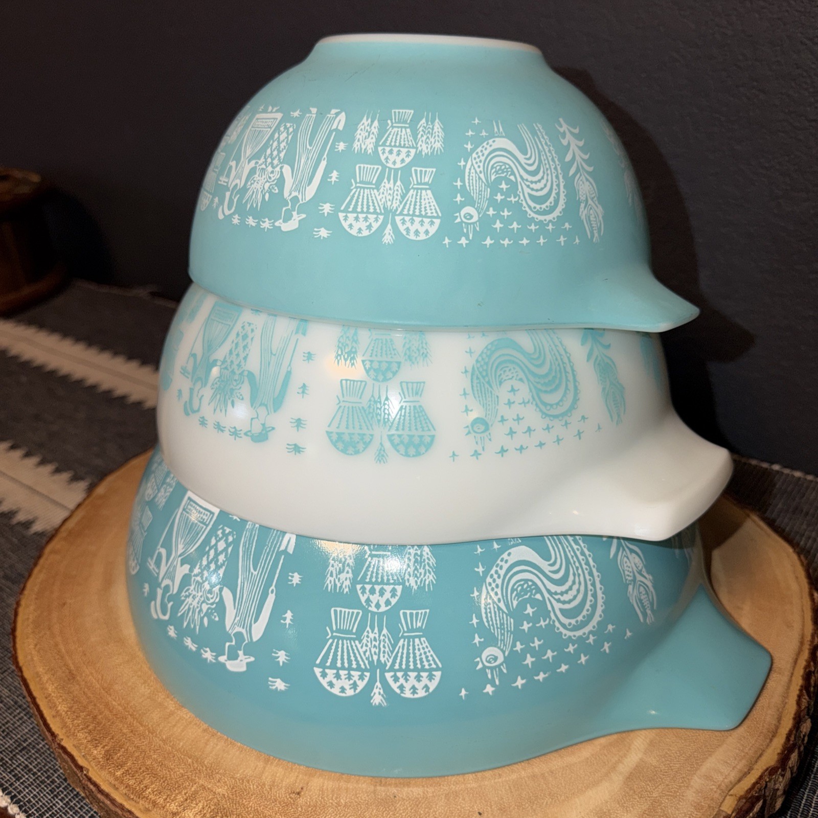 VTG Pyrex Amish Blue Butterprint Cinderella Dbl Spout Nesting Bowls Set of 3
