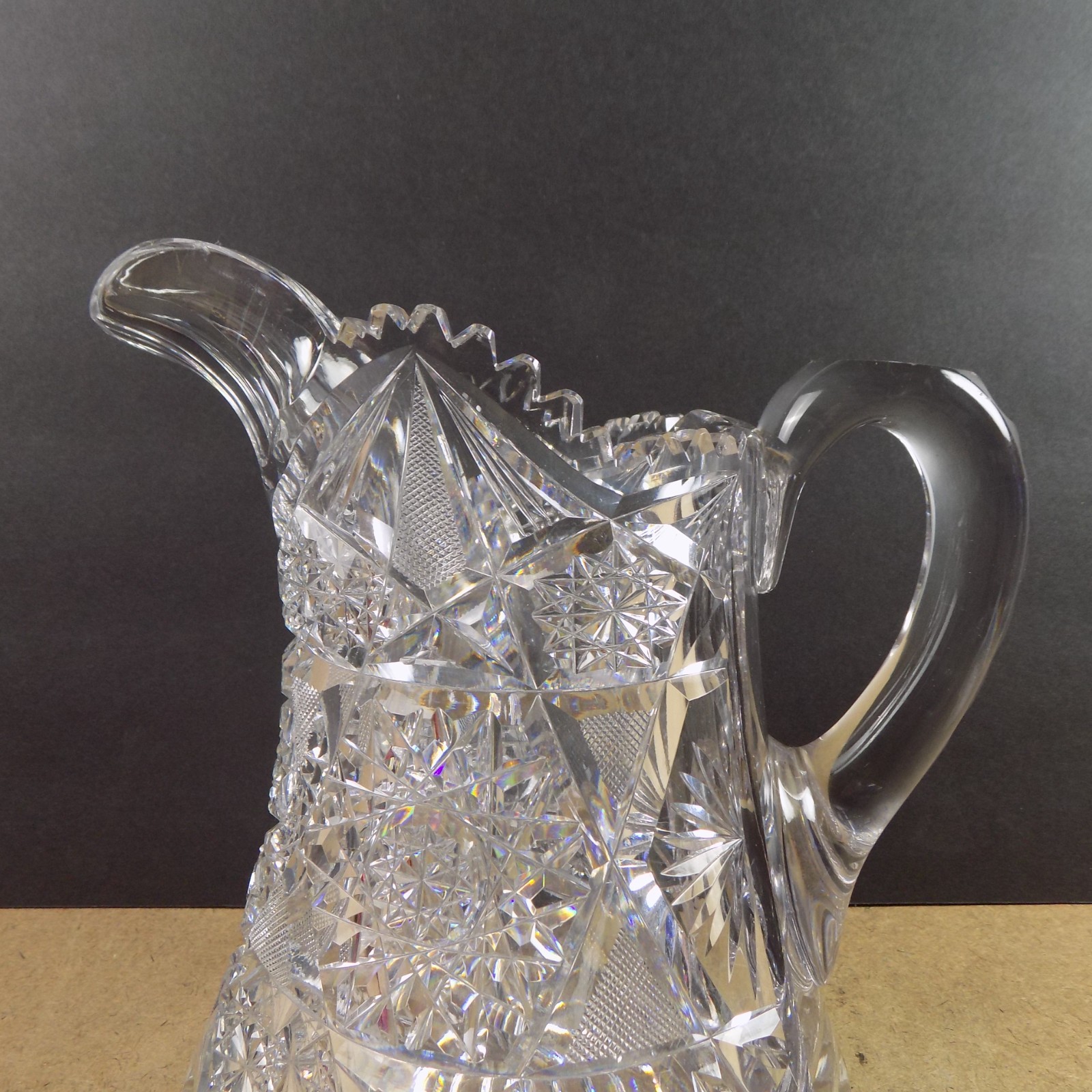 Antique American Brilliant Cut Glass Pitcher Hobstars VGC 8.25″ Tall Beauty!