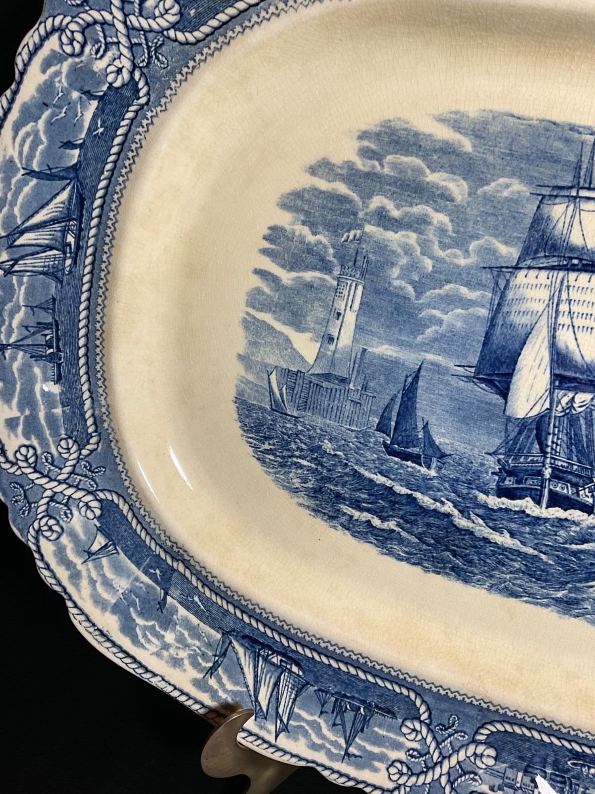 DEFECTIVE Antique Masons AMERICAN MARINE Ironstone Oval Blue 19 Platter G3D