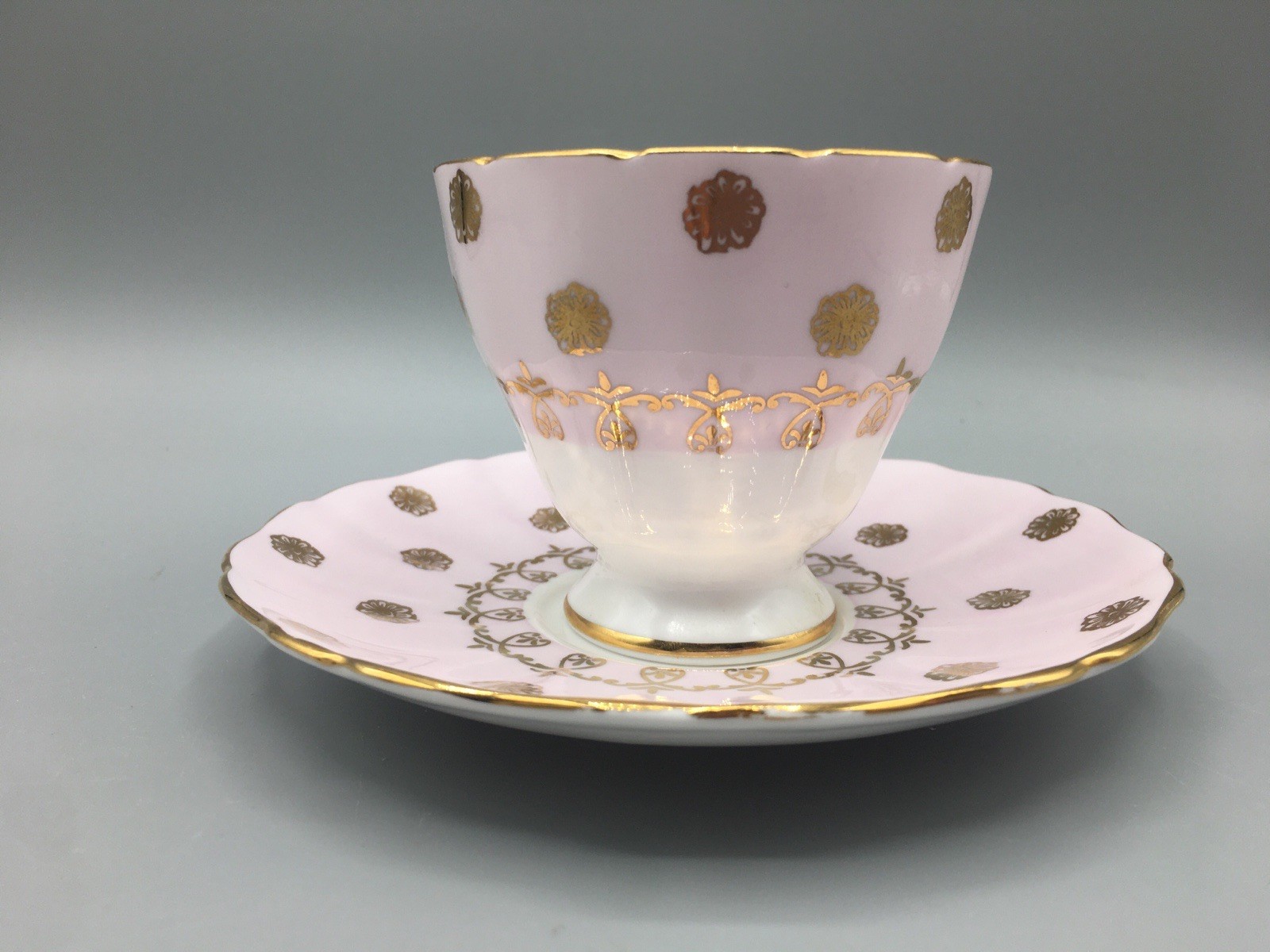 Grosvenor Teacup & Saucer Banded Pink & Gold Floral England Bone China Vintage
