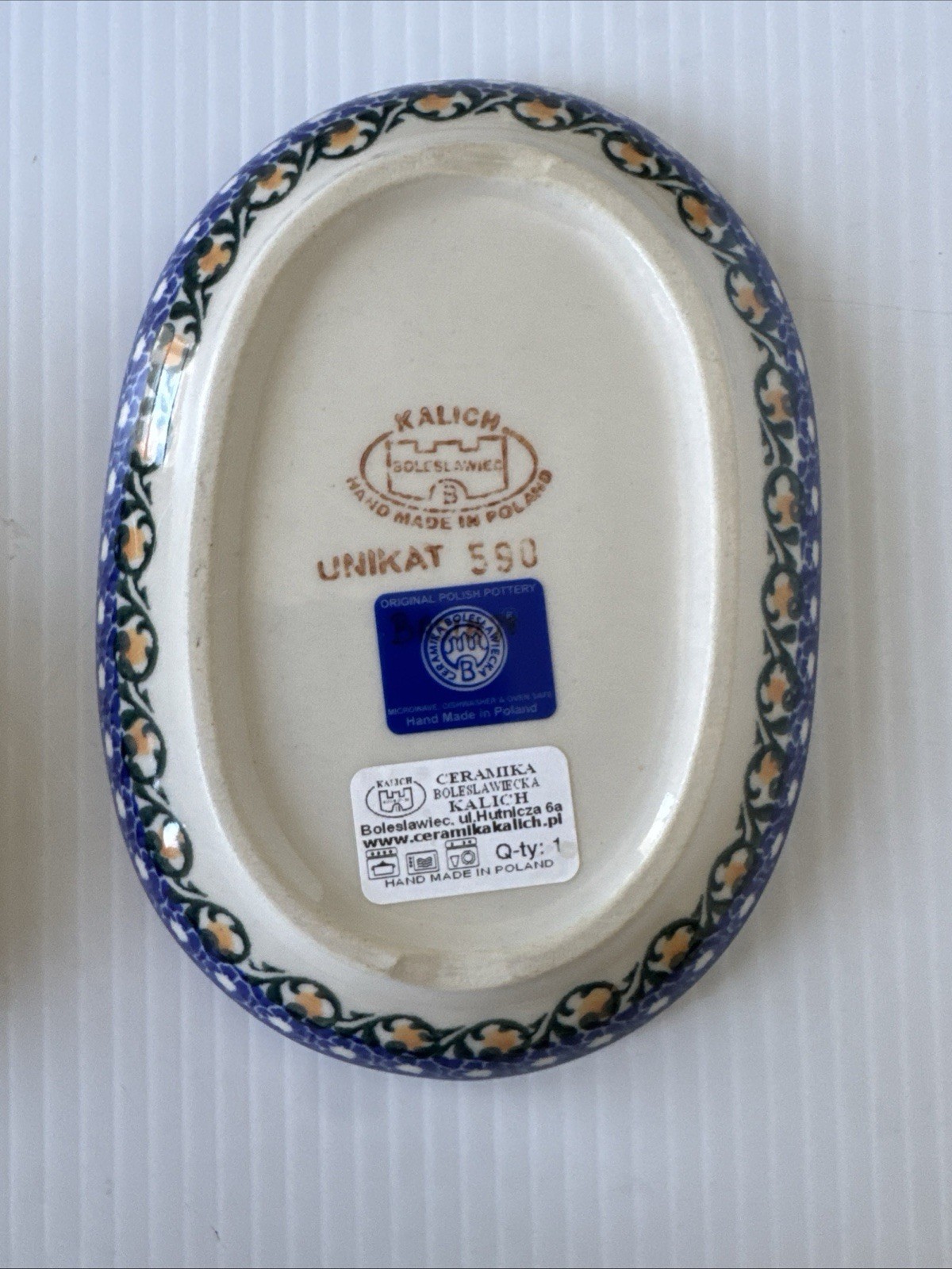 Polish Pottery Butter Dish Unikat 550 Kalich Oval Red Blue Floral 6 1/2″ EUC