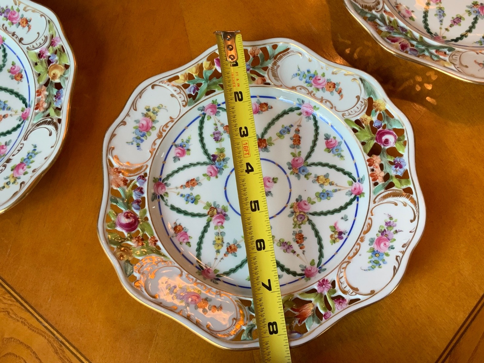 Antique Carl Thieme Dresden Basketweave Dessert Service – 8 Plates & Compote