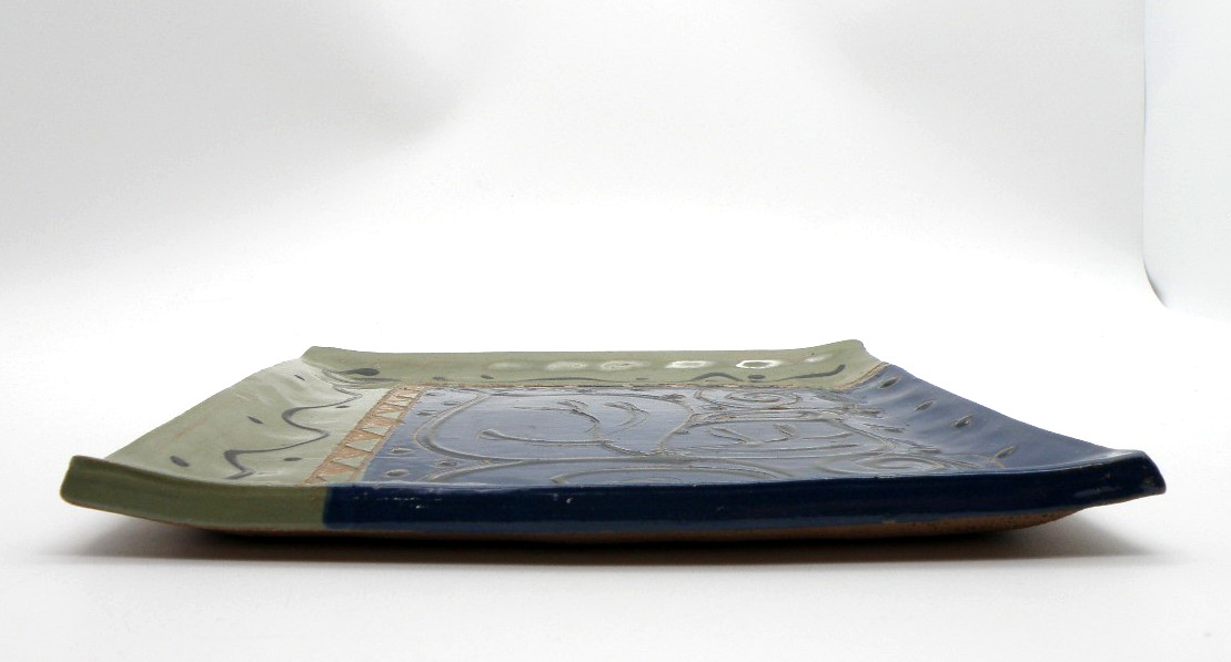 Vtg Susan Gerr Pottery Plate Handmade Signed Abstract Blue & Tan Unique