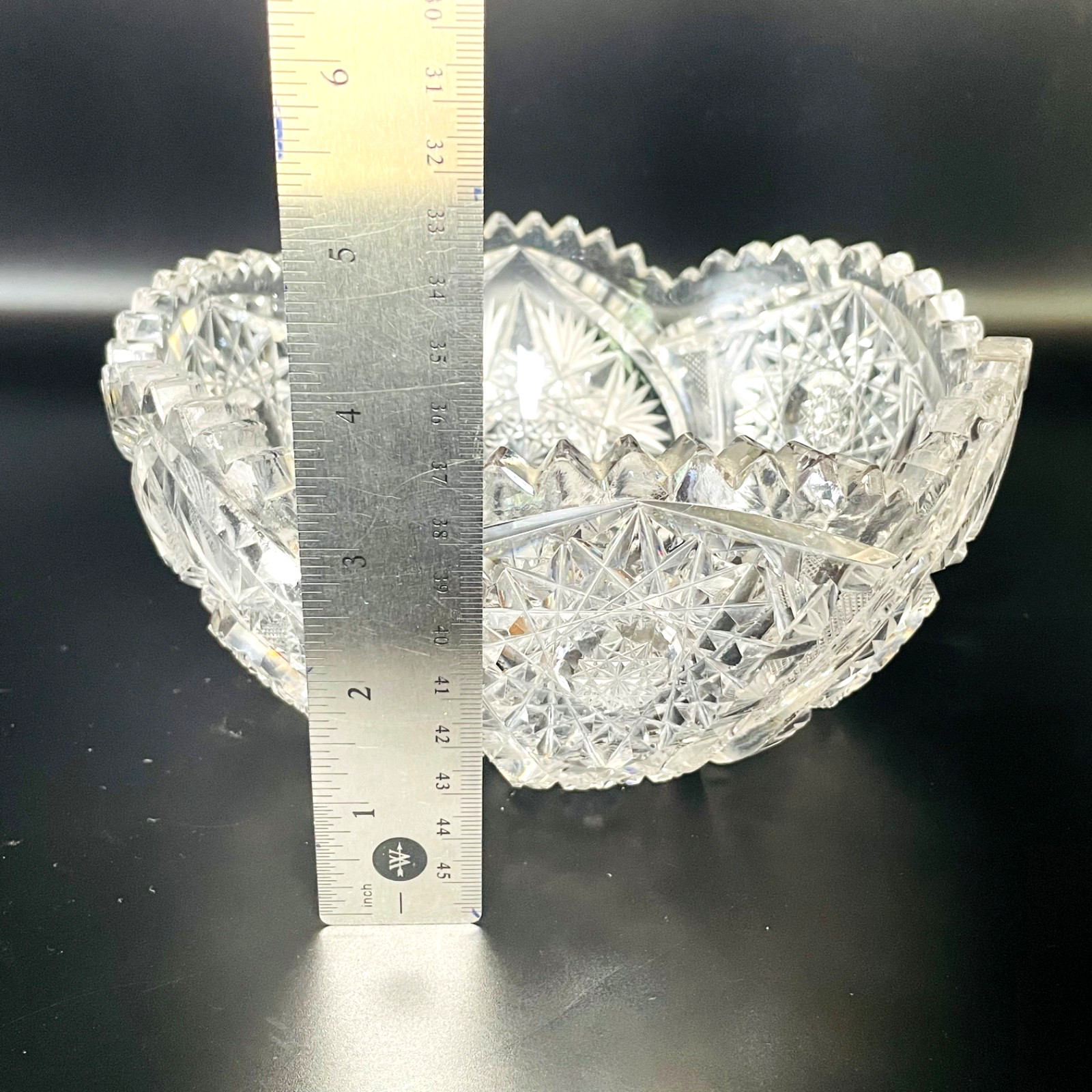 American Brilliant Cut Antique Sawtooth Scalloped Edge Lead Glass Star Bowl 8”