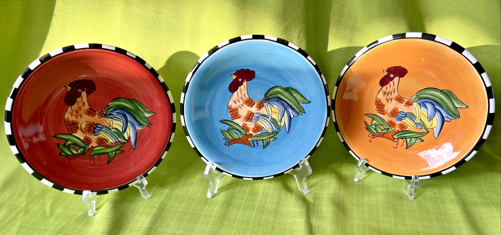 Roosters Set of 3 Decorative Plates Checkered Border ~ Country Theme