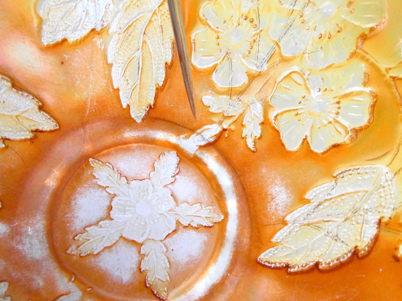 Vintage Dugan Dogwood Sprays Marigold Opalescent Carnival Glass Footed Bowl