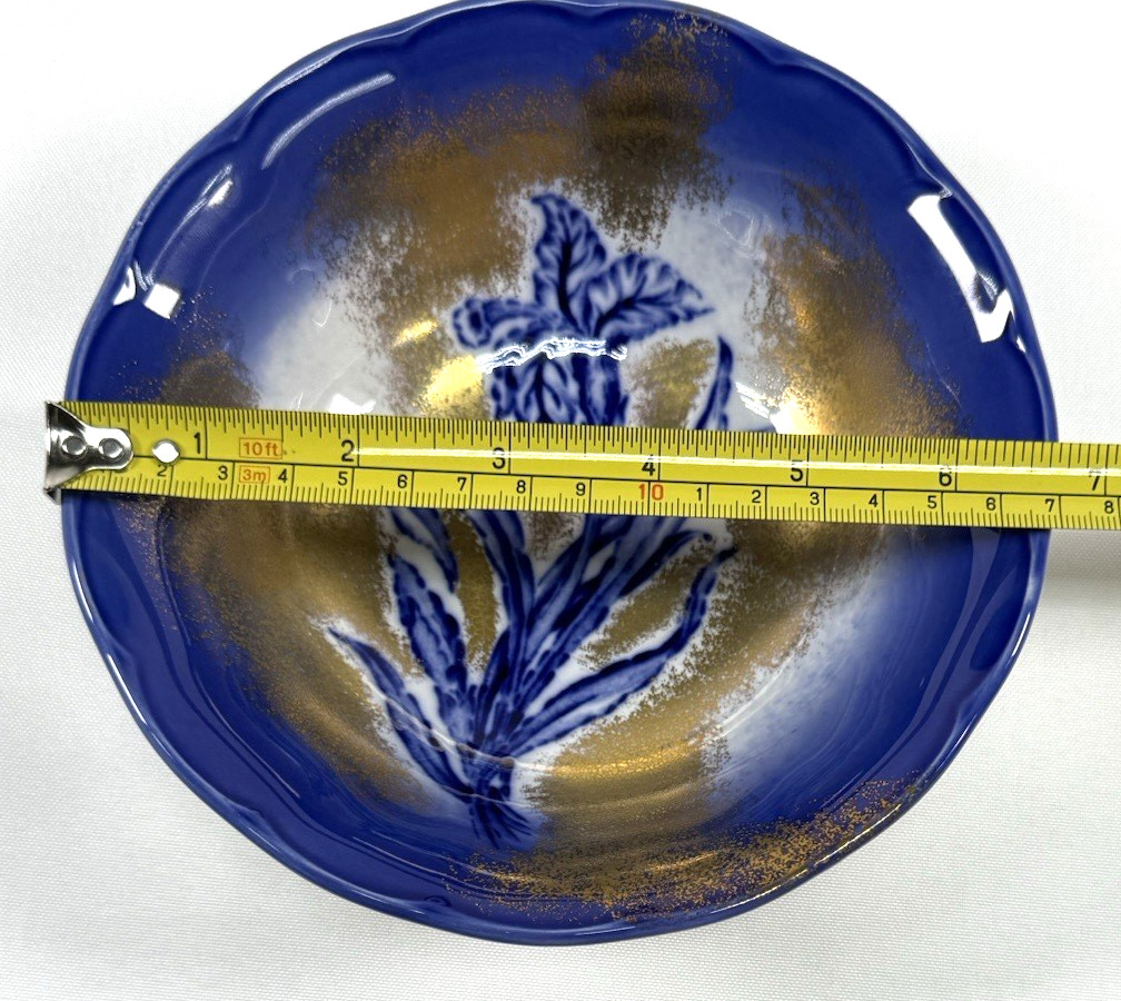 Vintage Victoria Ironstone Flow Blue Iris Bowl Staffordshire England Gilt 6.75″