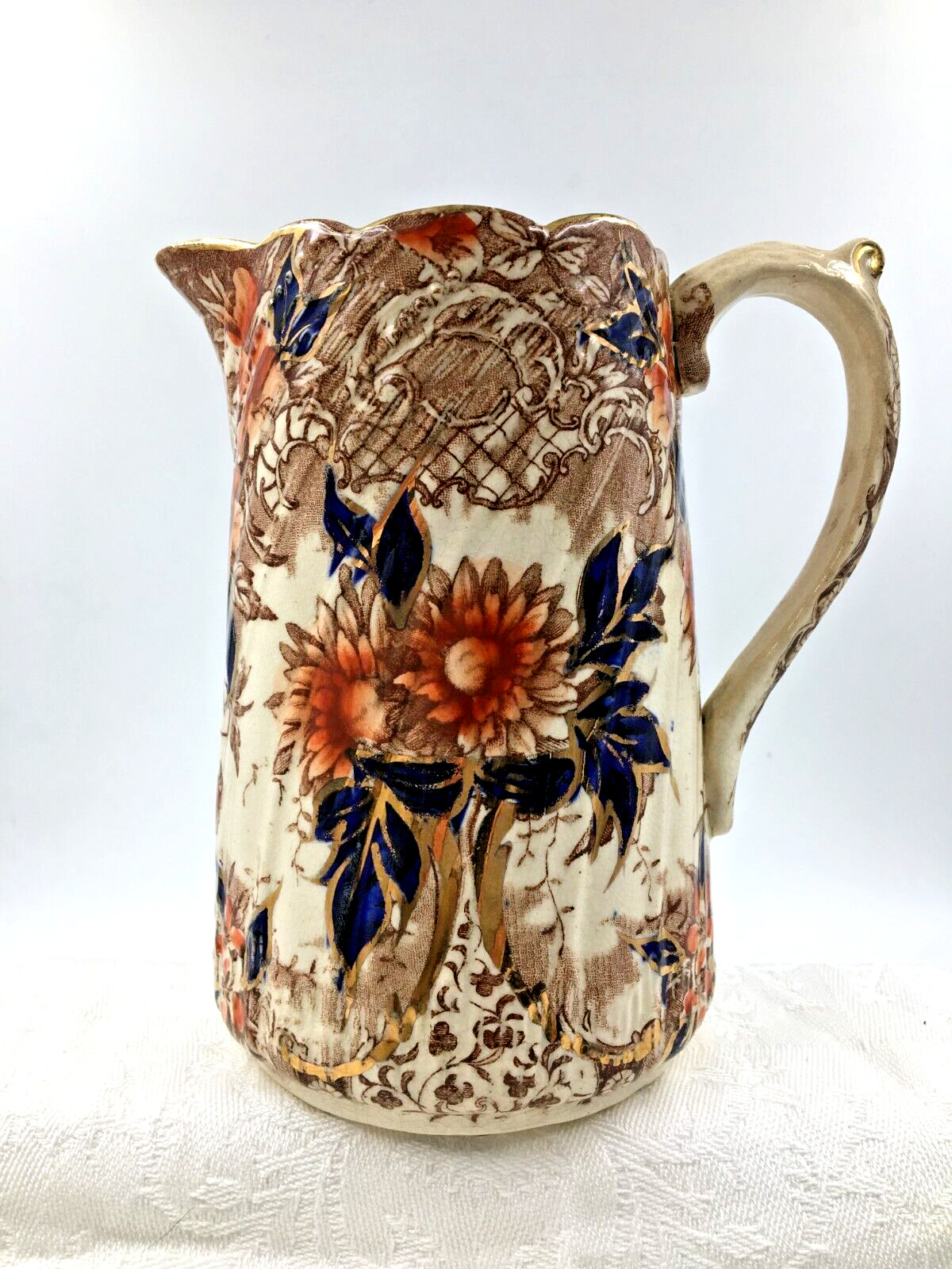 Vintage/Antique Pitcher Rust & Orange Flowers Cobalt Blue Leaves Gold Unbranded