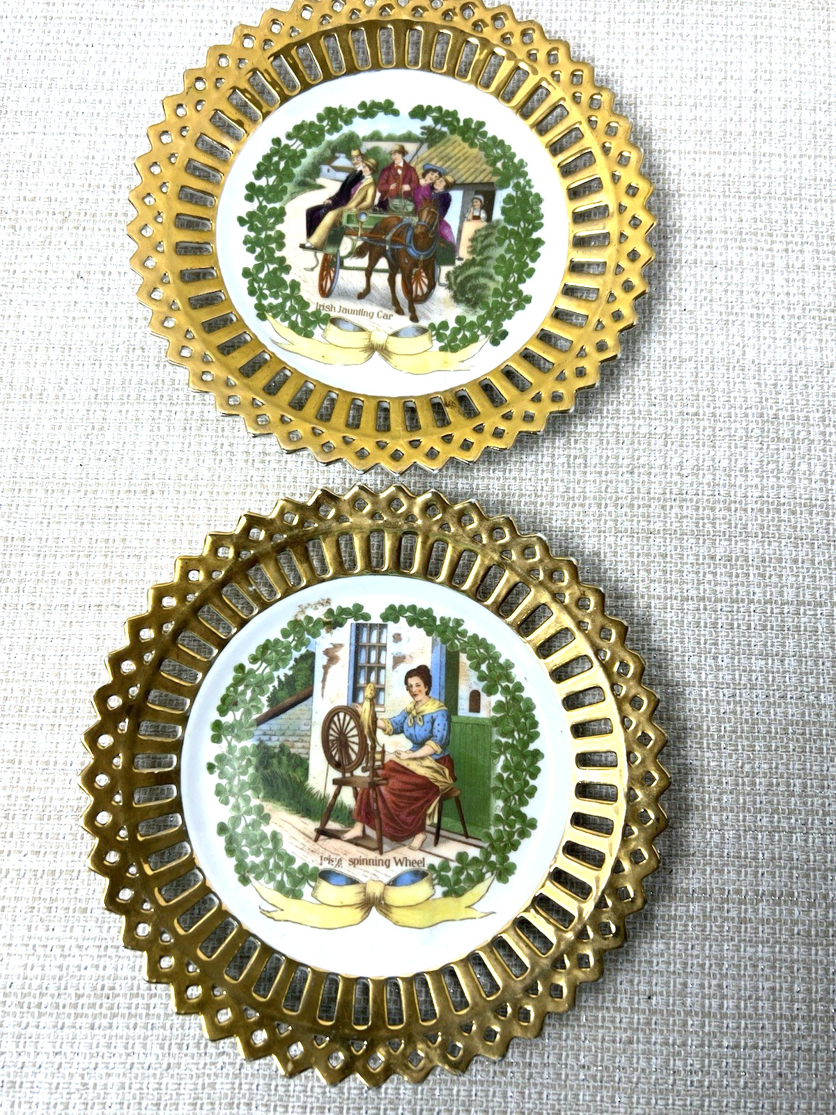 Vintage Lot 2 SET Schumann Bavaria Reticulated Gold Irish Home Decor Plates 8″