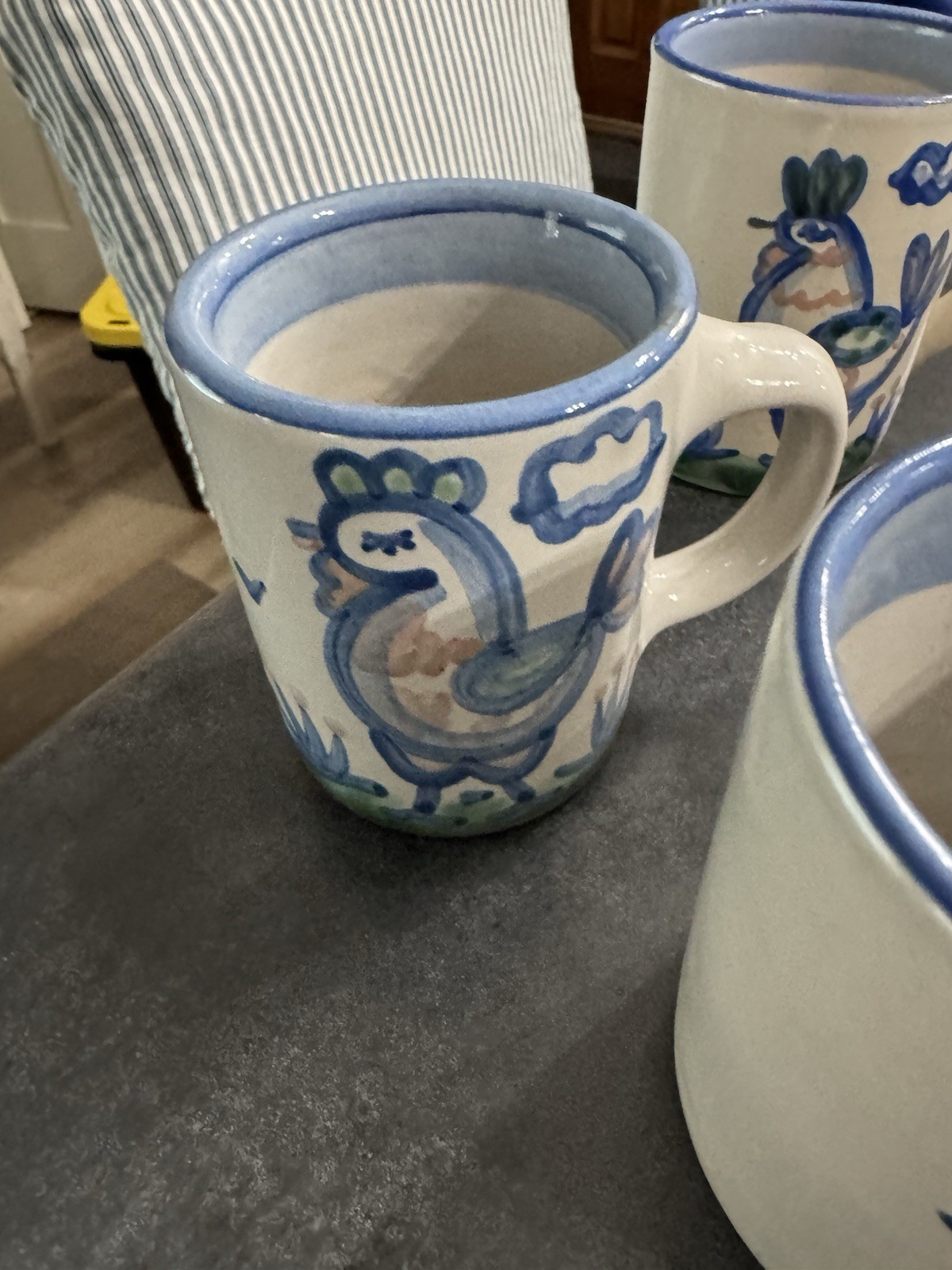 Set of 6 M.A. Hadley Pottery Mugs Hand-painted Blue Folk Art