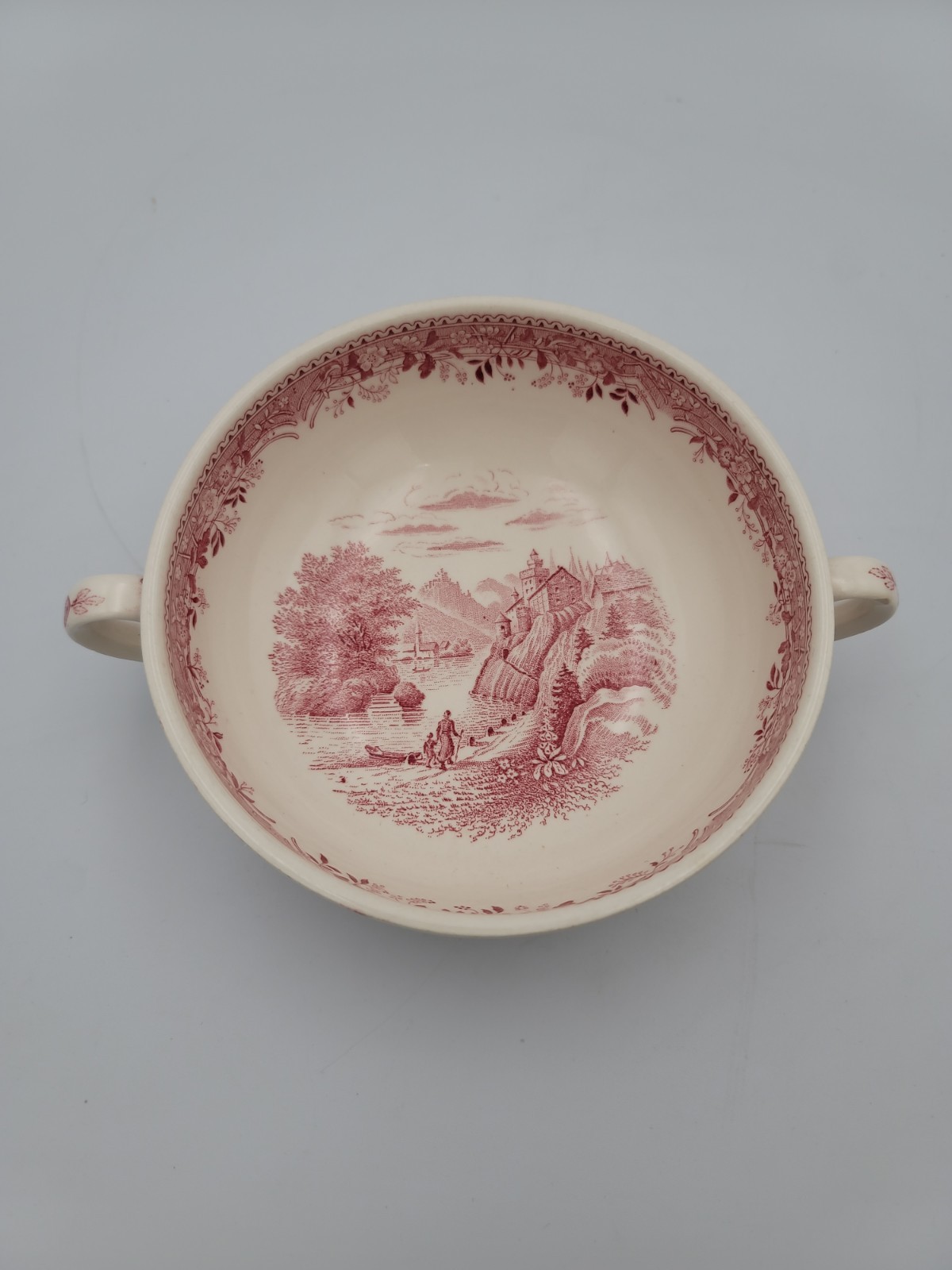 Vtg Villeroy & Boch Red Transferware Two Handled Cream Soup Bowl